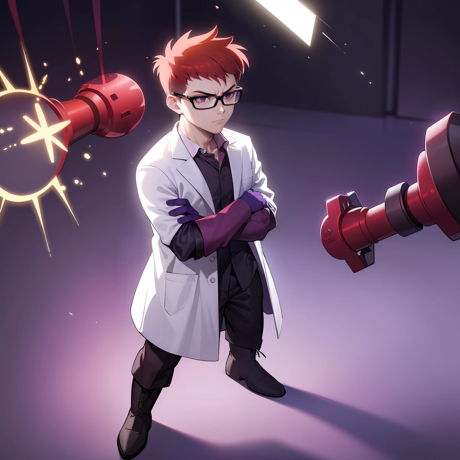 ((masterpiece, best quality)),(complex lighting) , solo ,1boy, full body, dexter , red hair, glasses, standing, purple gloves, black eyes, black boots, ((closed lab coat)), simple background, crossed arms,
