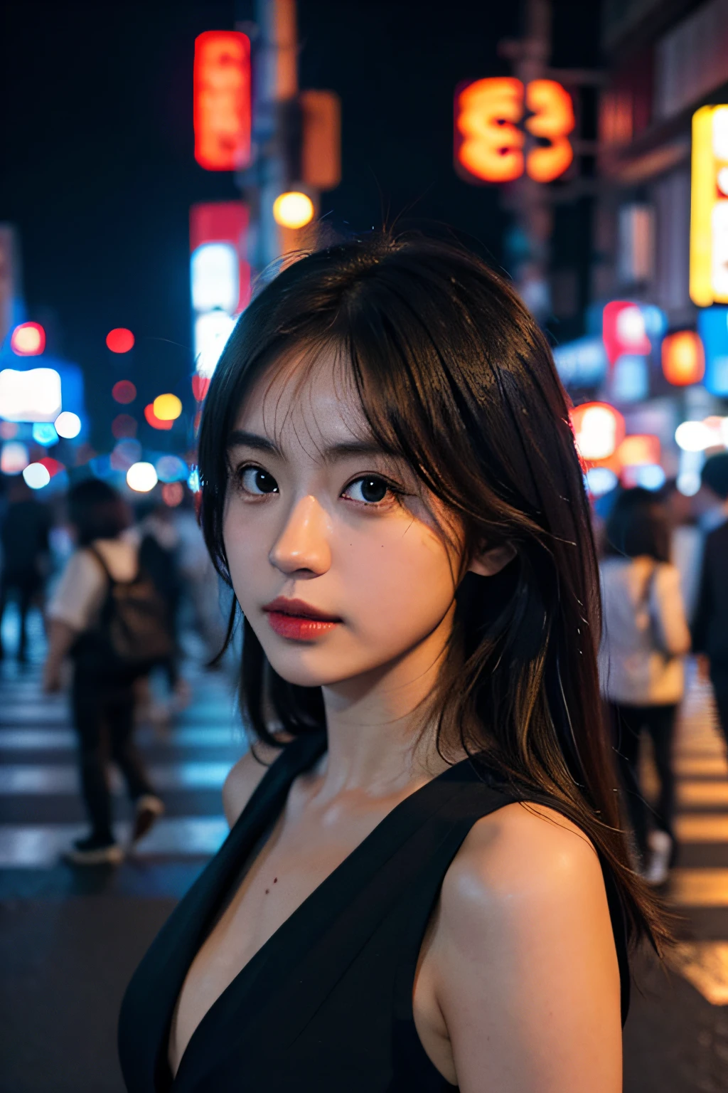 1girl, Tokyo street,night, cityscape,city lights, upper body,close-up, 8k, RAW photo, best quality, masterpiece,realistic, photo-realistic,