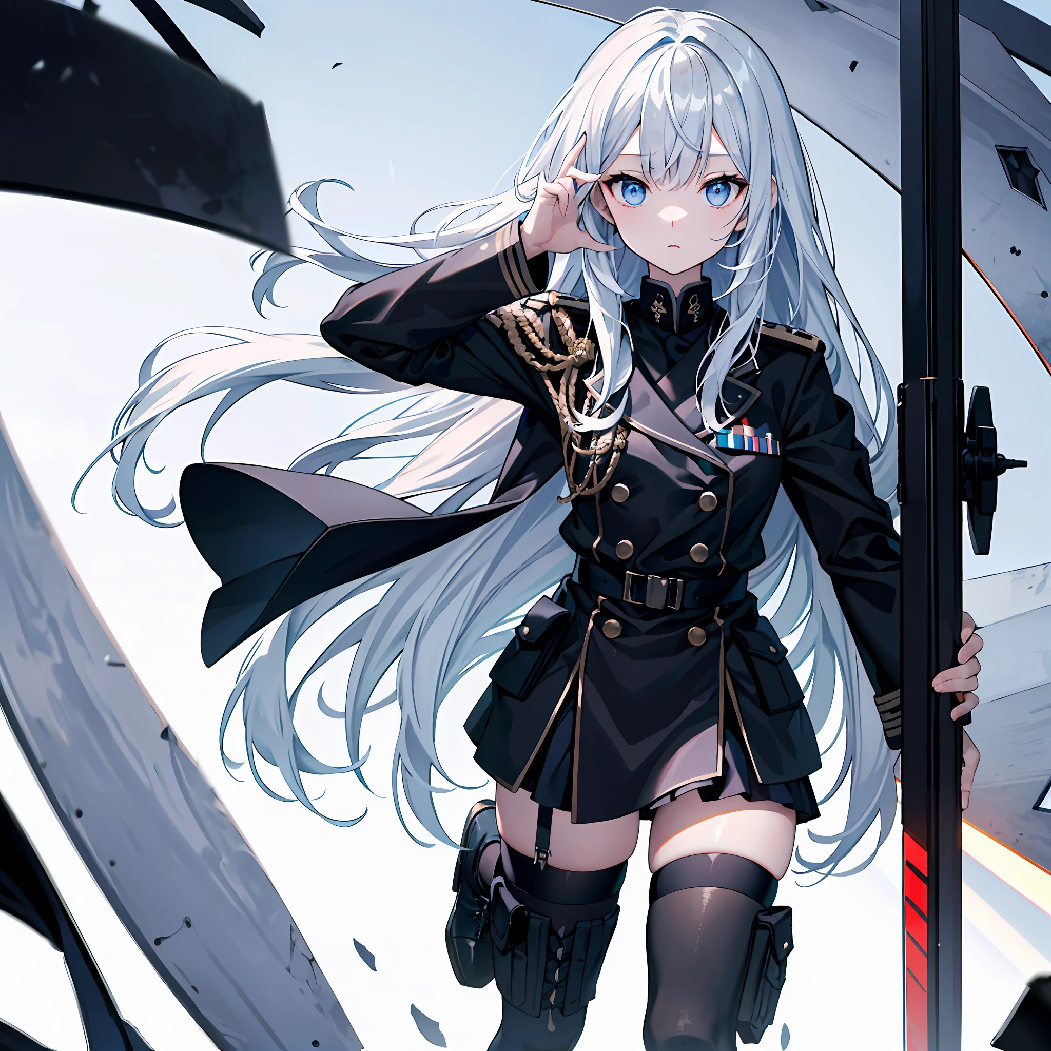 Hyper-detailing，A high resolution，best qualtiy，top Quority，8k wallpaper，Black military uniform，Loli，Blue pupil，Long white hair，Perfectcomposition，Soft hair，solo person，Side Body，half-body portrait，HighestQuali，expressiveless，black over-the-knee socks