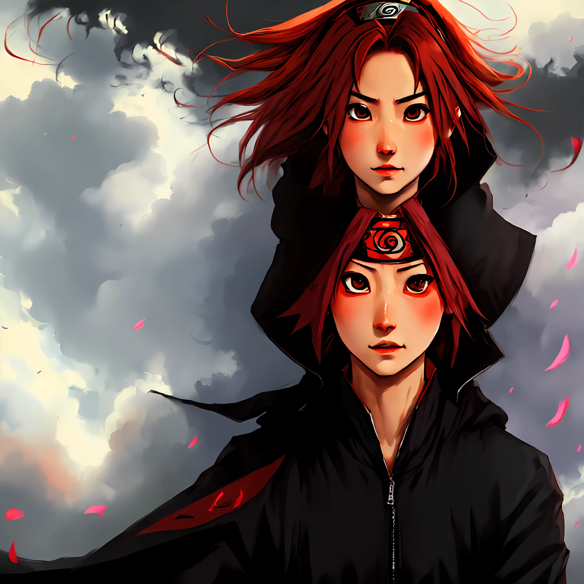 Uchiha Itachi and Naruto team member female characters,Black and red hair,The black coat is painted with red clouds,Uchiha Itachi's eyes。