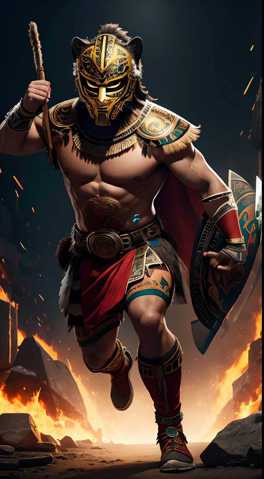 (8k), Ultra resolution 8K, Stunning illustration of a hero wearing a jaguar mask helmet, Athletic body Aztec warrior costume