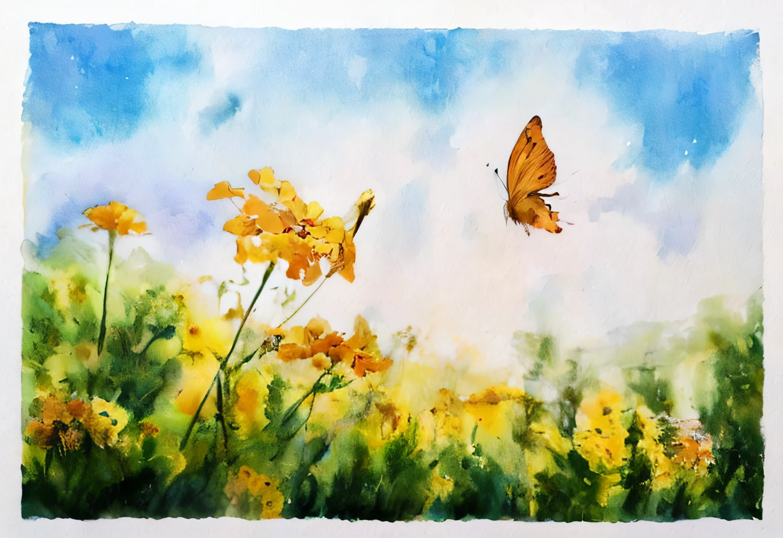 Painting of butterflies flying over yellow flower fields, watercolor paiting, a watercolor painting, watercolor paiting, watercolor colored painting, Watercolor painting, detailed watercolour, watercolour on paper, vibrant watercolor painting, watercolour on paper, watercolor paiting, Ultra-wide watercolor, watercolor paiting, colorful watercolor painting, watercolour on paper, nature painting, rough watercolor painting