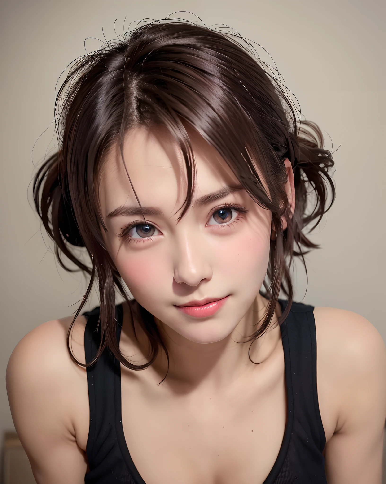 Best Quality, Ultra High Resolution, (Photorealistic: 1.4), Beautiful Eyes, Super Beautiful, Very Short Hair, Beautiful, Sweetheart, T-shirt with Rough Chest, Beautiful Soldier, Eyes That Invite Viewer, Lover's Perspective, Inviting Expression, Sexy Smile, Perfect Style, Perfect Balance, Detailed Skin, Naughty Gaze, Chest Visible
