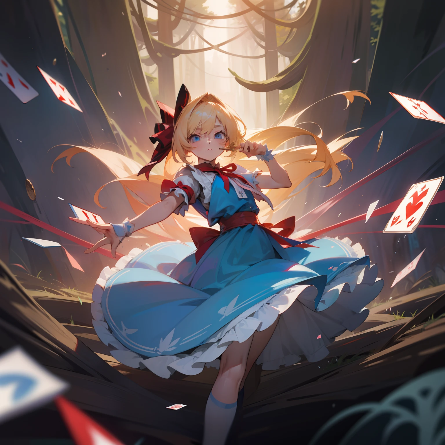 a girl, Clear face, semi long, blonde, blue eyes, radiant eyes, big eyes, big hair ribbon, blue dress with white apron, cute, beautiful, fantasy, light atmosphere, mystical atmosphere, in a bright and colorful world, anime, hard-edged, best quality, insanely detailed, exquisite, beautiful, Full-HD, 16K, highres, aiming at viewer, sunlight, dramatic lighting, best light, dynamic lighting, Dynamic Action Poses for Battle Scenes, Fighting stance, in the classic forest, Fluttering playing cards, Alice in the wonderland, 