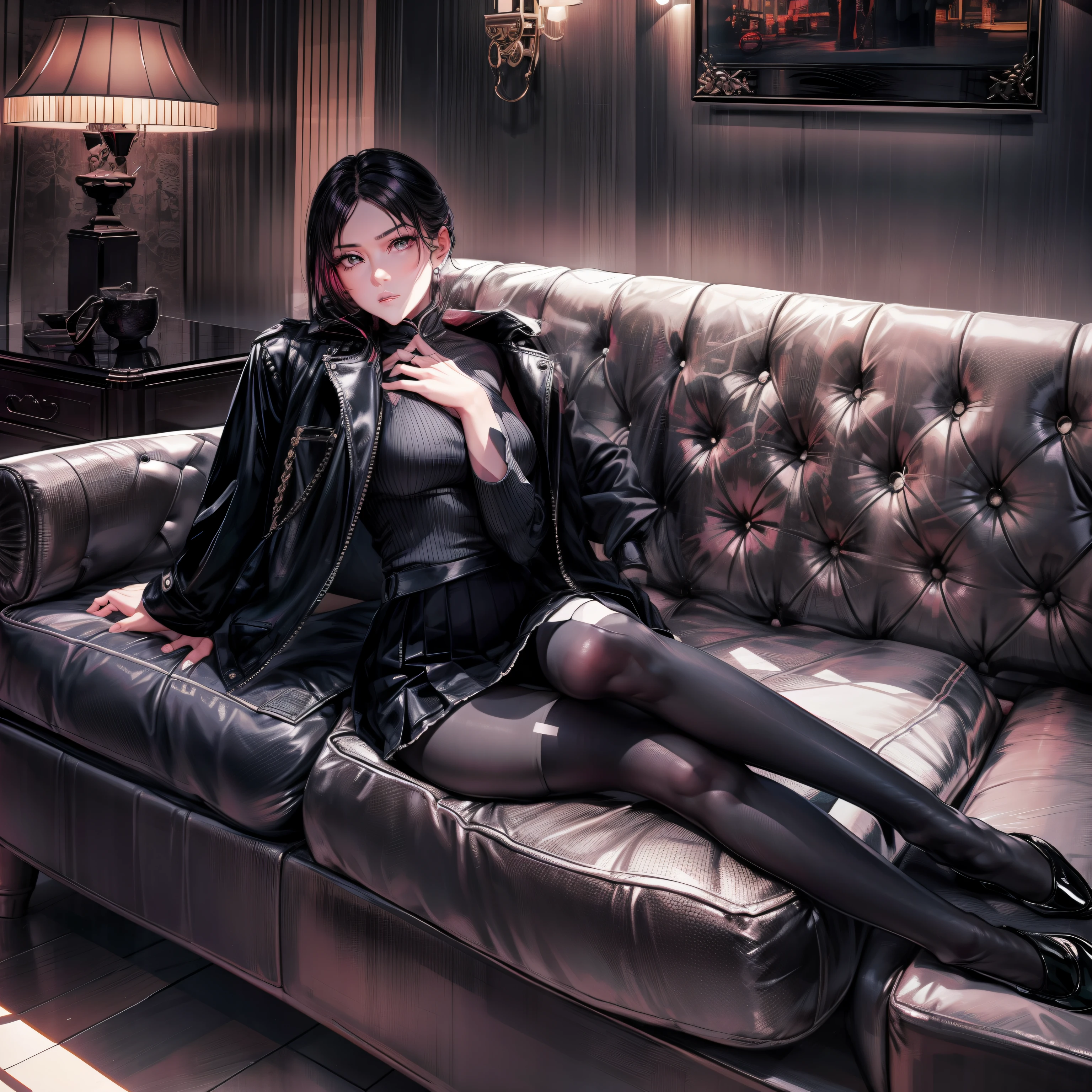 There was a woman sitting on the couch，Wear a jacket, thighhighs and skirt, pantyhose tights, nylon tights, lady in black coat and pantyhose, Sexy style, short skirt and a long jacket, gorgeous chinese models, full-body xianxia, taken in 2 0 2 0, Gorgeous lady, pretty face with arms and legs, sensual gloomy style