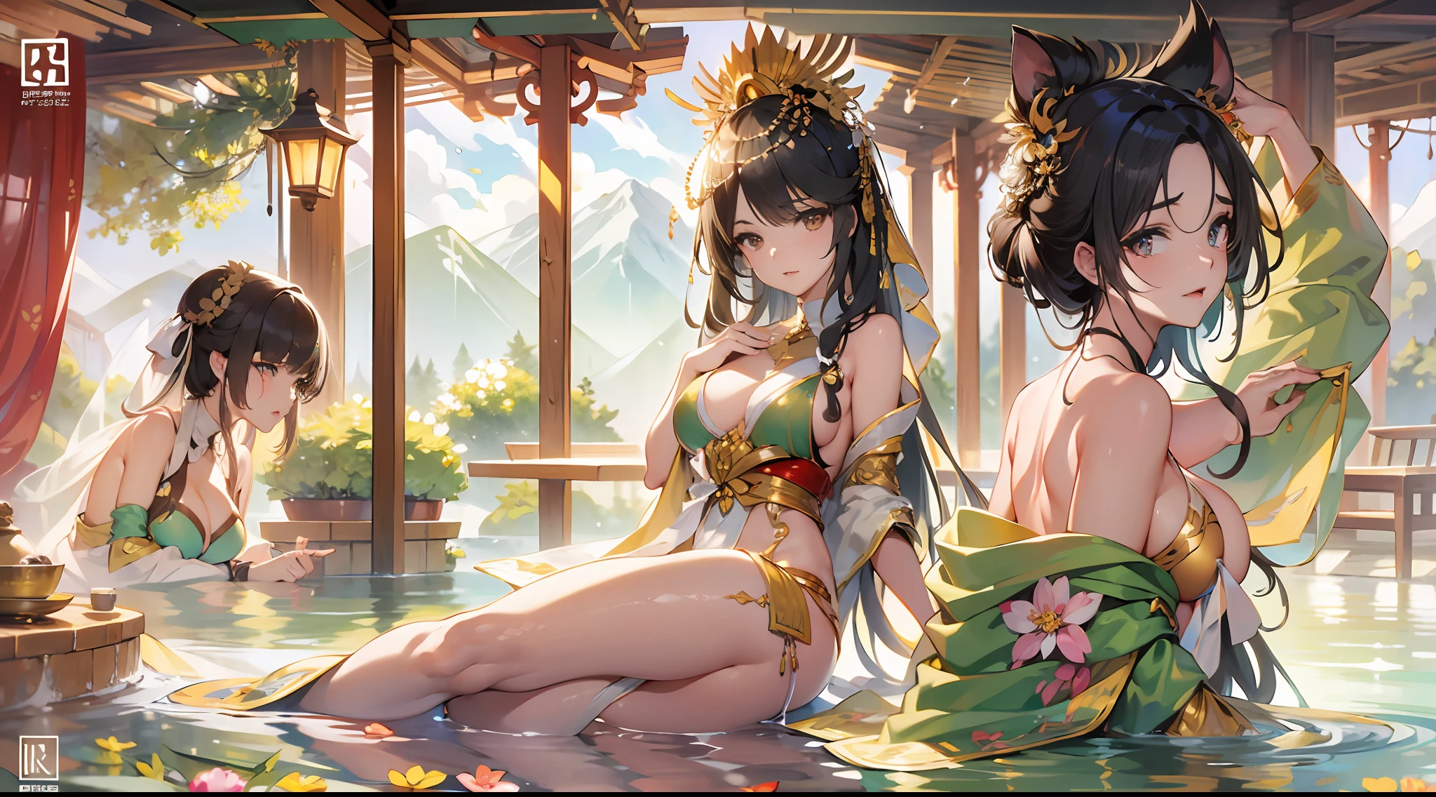 Master made,A group of beautiful women soaking in hot springs,soaking in water,Light gauze,Outline seductive body curves,Beautiful valley with background,There are pavilions,Flowing Water Creek,Conforms to the principle of flat perspective,Very attractive graphics,Highest image quality,complexdetails,Enrich the picture,Hazy rendering,Gentlemanly manners,True skin texture,Realistic skin texture,Warm sunlight illumination,1080p。