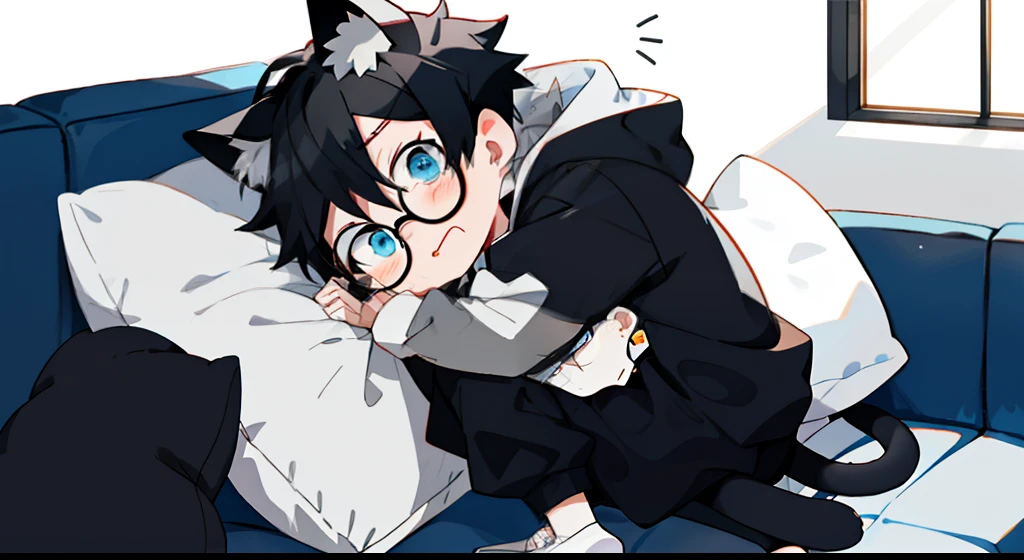 boy boy, black and white hair, wear round glasses, blue eyes, shyness, Hugging stuffed animals, Wear an oversize hoodie, black short pants, Black socks, lying on the couch, cat ears, cat tail, crying