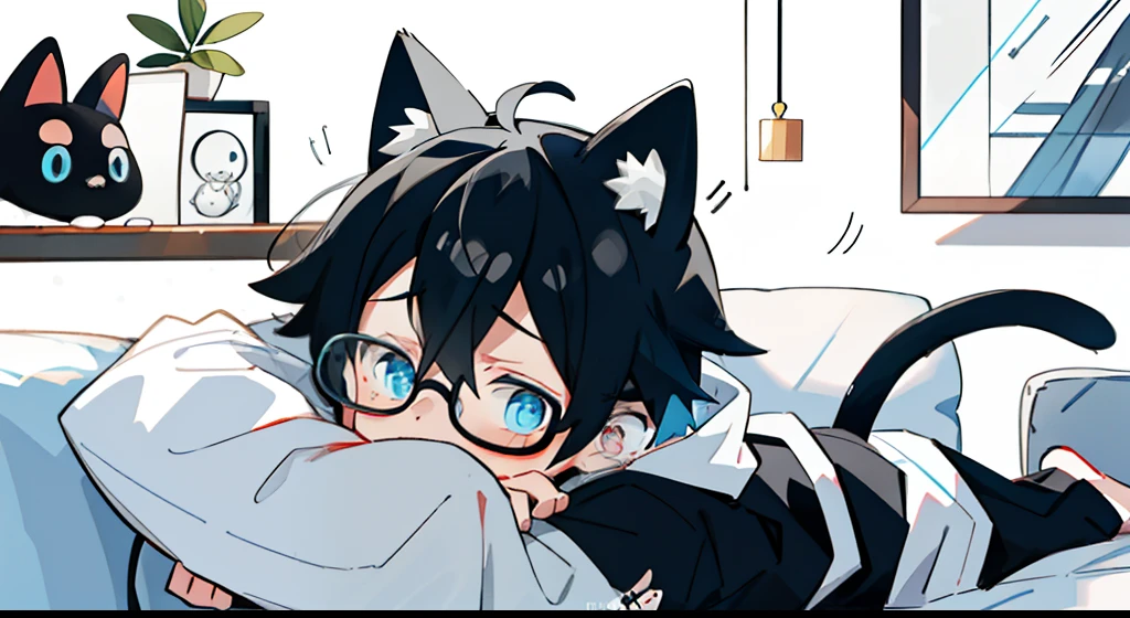 boy boy, black and white hair, wear round glasses, blue eyes, shyness, Hugging stuffed animals, Wear an oversize hoodie, black short pants, Black socks, lying on the couch, cat ears, cat tail, crying