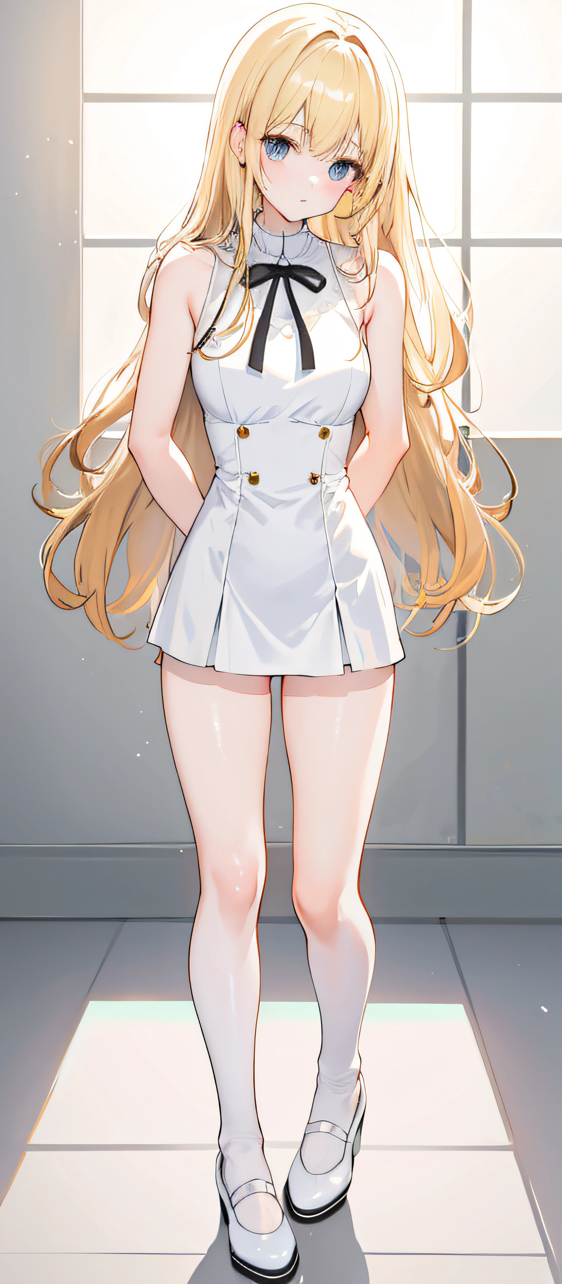 Photorealsitic, Bright indoor, Soft light, Low contrast, Shallow depth of field, Beautiful loli girl illuminated by gentle light,long straight hair bangs , hair color is a blonde hair chestnut shade with a slight brown tone, hair with a stress no wave, (White lolidress), long black skirt (Silk White Socks), (pumps), (Full body:1.5), squatting, Blank white background,look at viewer