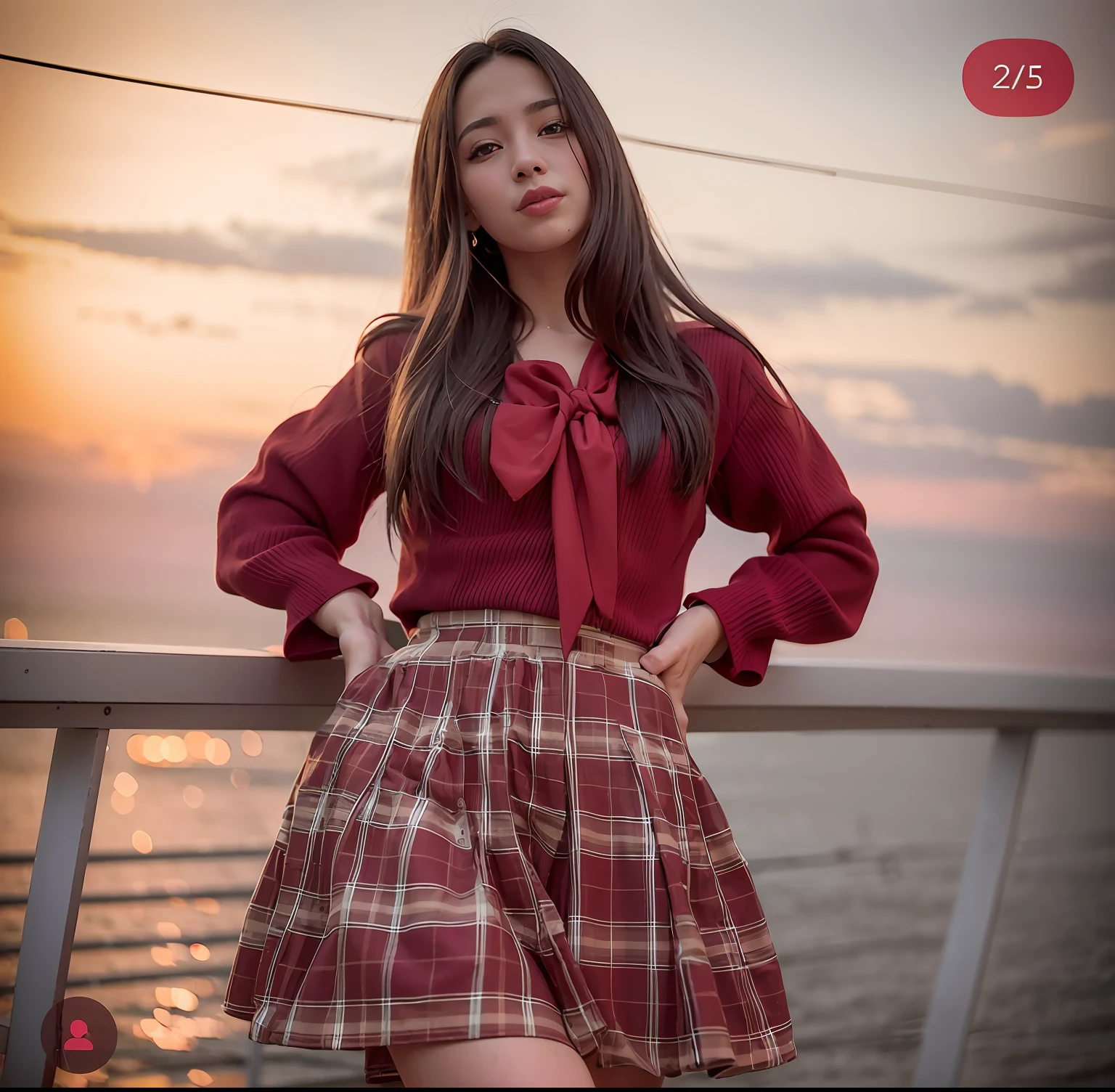 Beautiful girl in a red top and plaid skirt, samed skirt, wearing a red outfit, casual pose, instagram model, with lovely look, attractive pose, beautiful short skirt, dressed with long fluent clothes, ruan cute vtuber, red clothes, anime thai girl, shot with hasselblade camera, wearing red attire,human face, realistic