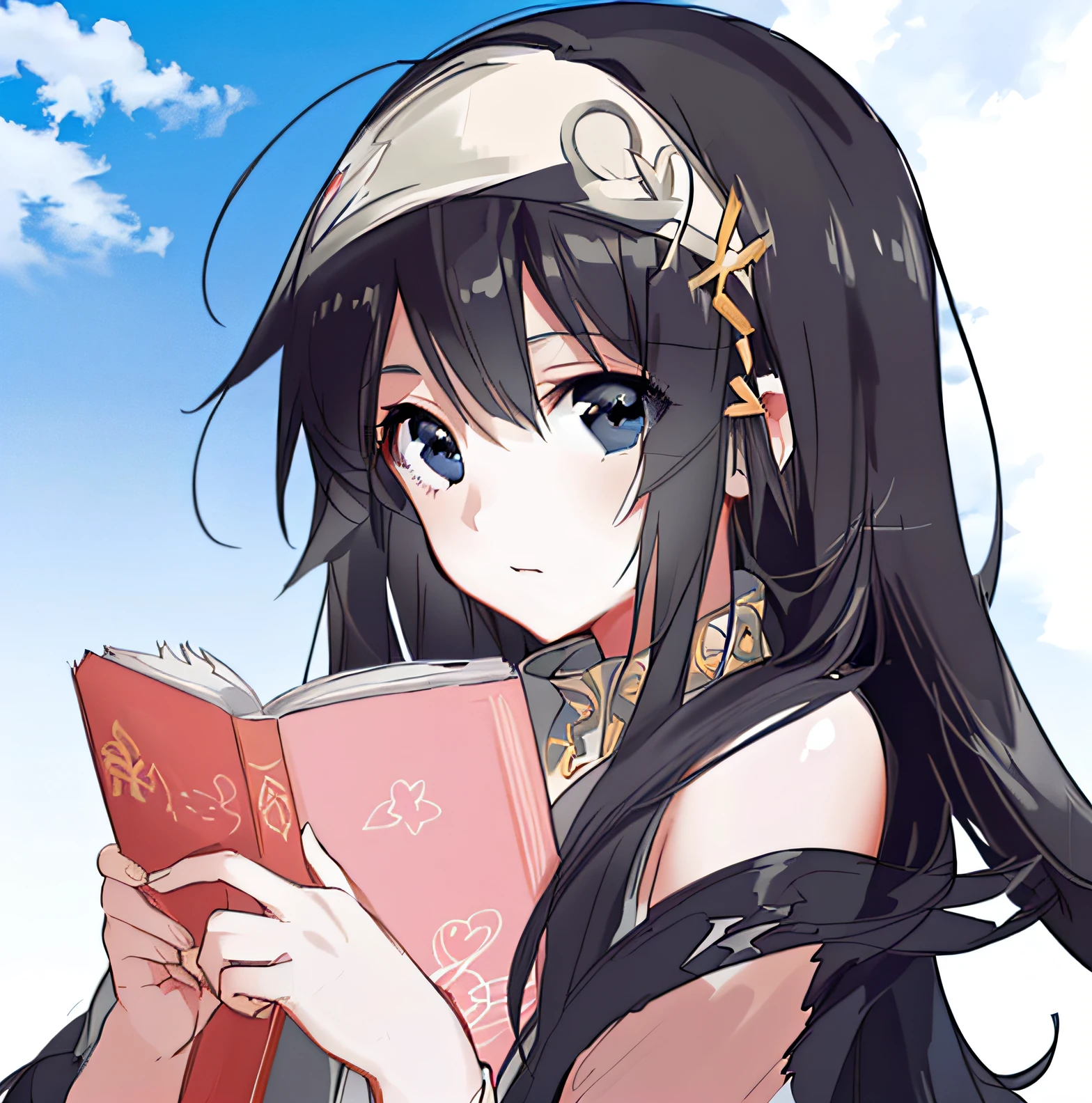 Anime girl holding a book in her hand,The background is blue sky, anime moe art style, (Anime girl), An anime girl, anime visual of a cute girl, pretty anime girl, Anime girl, Cute anime girl, portrait anime girl, up of young anime girl, anime best girl, Realistic young anime girl, made with anime painter studio, Anime style portrait