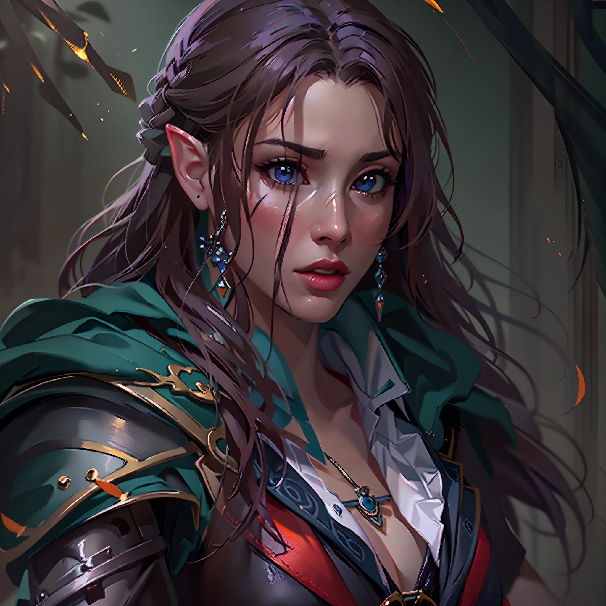 arafed a picture of a female elf (intense details, Masterpiece, best quality: 1.5) fantasy swashbuckler, fantasy fencer, armed with a slim sword, fantasysword sword, metallic shine, colorful clothes, an ultra wide shot, full body (intense details, Masterpiece, best quality: 1.5)epic beautiful female elf (intense details, Masterpiece, best quality: 1.5), [[anatomically correct]],  rich hair, braided hair, long hair, small pointed ears, fantasy urban street (intense details, Masterpiece, best quality: 1.5),  purple cloak  (intense details, Masterpiece, best quality: 1.5), long cloak (intense details, Masterpiece, best quality: 1.5), elven leather armor (intense details, Masterpiece, best quality: 1.5) sense of daring, sense of adventure, controlling a swirling colorful magic runes (1.5 intricate details, Masterpiece, best quality), manipulating colorful magical runes (intense details, Masterpiece, best quality: 1.5) high details, best quality, 8k, [ultra detailed], masterpiece, best quality, (extremely detailed), dynamic angle, ultra wide shot, photorealistic, RAW, fantasy art, dnd art, fantasy art, realistic art,