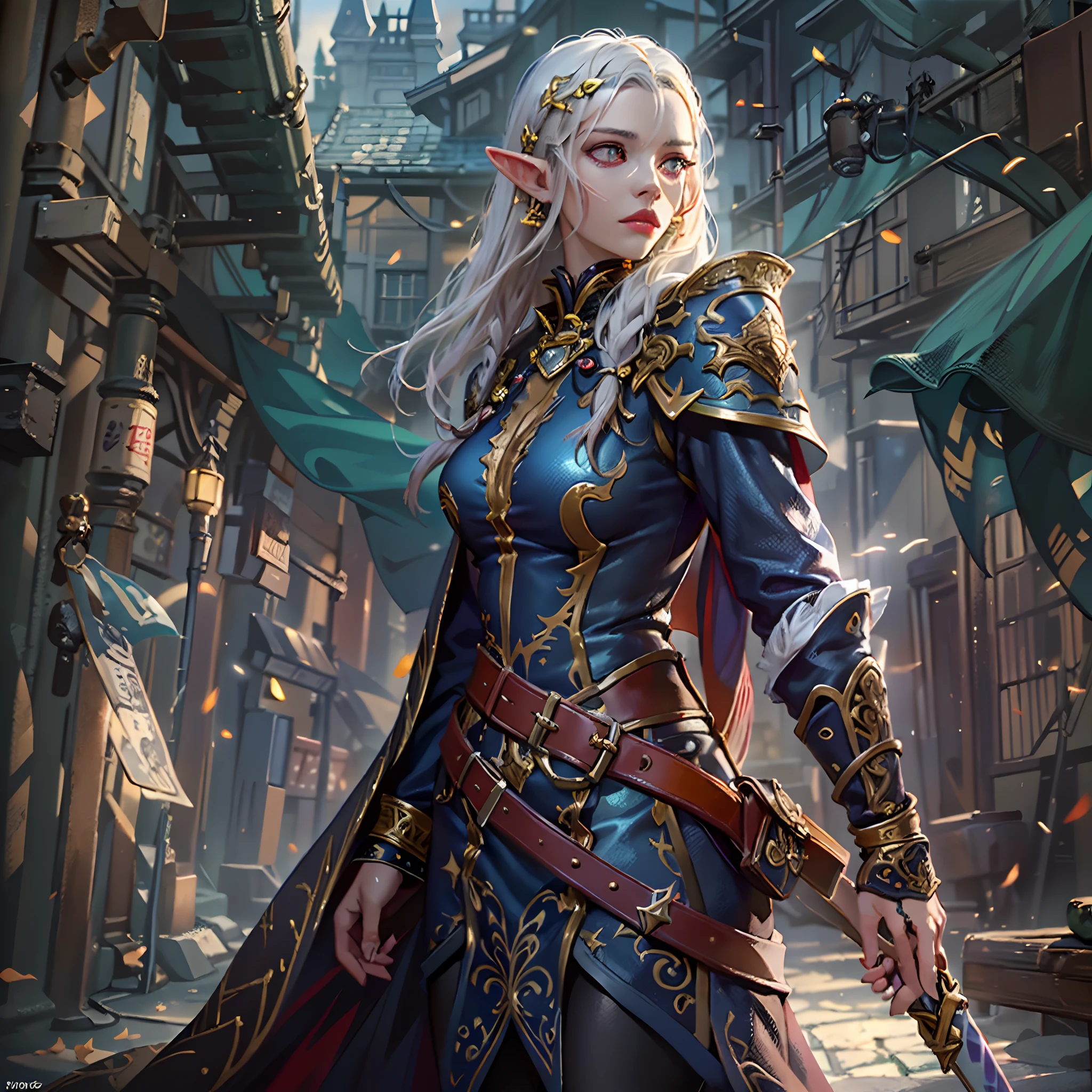 arafed a picture of a female elf (intense details, Masterpiece, best quality: 1.5) fantasy swashbuckler, fantasy fencer, armed with a slim sword, fantasysword sword, metallic shine, colorful clothes, an ultra wide shot, full body (intense details, Masterpiece, best quality: 1.5)epic beautiful female elf (intense details, Masterpiece, best quality: 1.5), [[anatomically correct]],  rich hair, braided hair, long hair, small pointed ears, fantasy urban street (intense details, Masterpiece, best quality: 1.5),  purple cloak  (intense details, Masterpiece, best quality: 1.5), long cloak (intense details, Masterpiece, best quality: 1.5), elven leather armor (intense details, Masterpiece, best quality: 1.5) sense of daring, sense of adventure, controlling a swirling colorful magic runes (1.5 intricate details, Masterpiece, best quality), manipulating colorful magical runes (intense details, Masterpiece, best quality: 1.5) high details, best quality, 8k, [ultra detailed], masterpiece, best quality, (extremely detailed), dynamic angle, ultra wide shot, photorealistic, RAW, fantasy art, dnd art, fantasy art, realistic art,