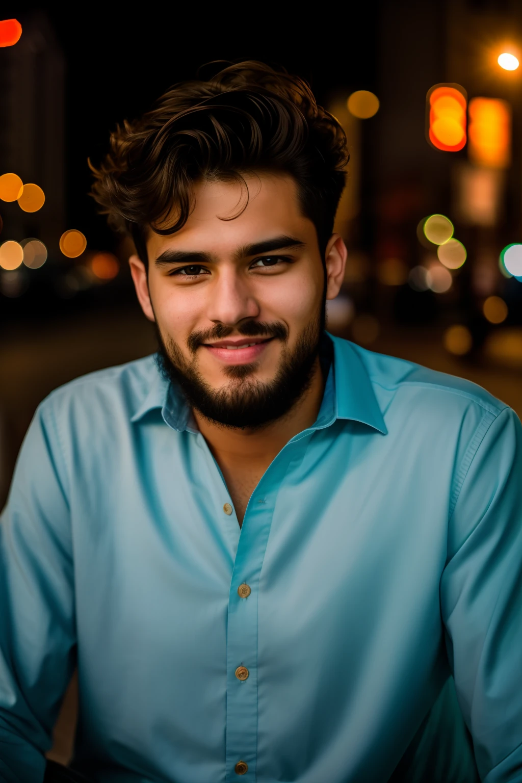 RAW photo, a portrait photo of 25 y.o man in casual clothes, night, city street, (high detailed skin:1.2), 8k uhd, dslr, soft lighting, high quality, film grain, Fujifilm XT3