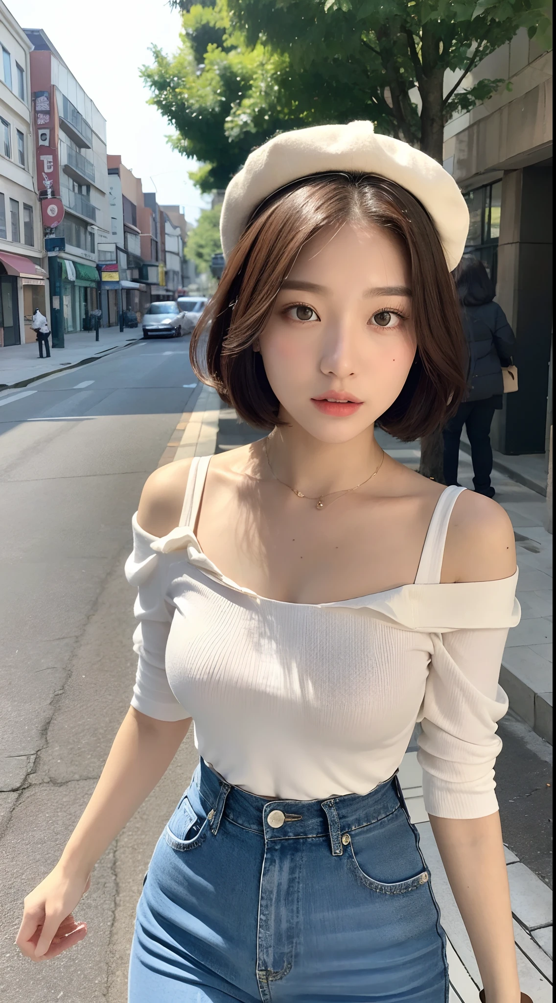 ((best qualtiy,8K,tmasterpiece:1.3)),(Flower Cap:1.3),Perfect beauty:1.4,glute:1.2,(Layered Hair Style:1.2)),(the street:1.3),Highly Detailed Face and Skin Textur,full bodyesbian,Elaborate Eyes,二重まぶた,Whitens the skin,Short wave hair,Cute Korean beauty(with a round face:1.5),(Loose top,shorter pants:1.6)