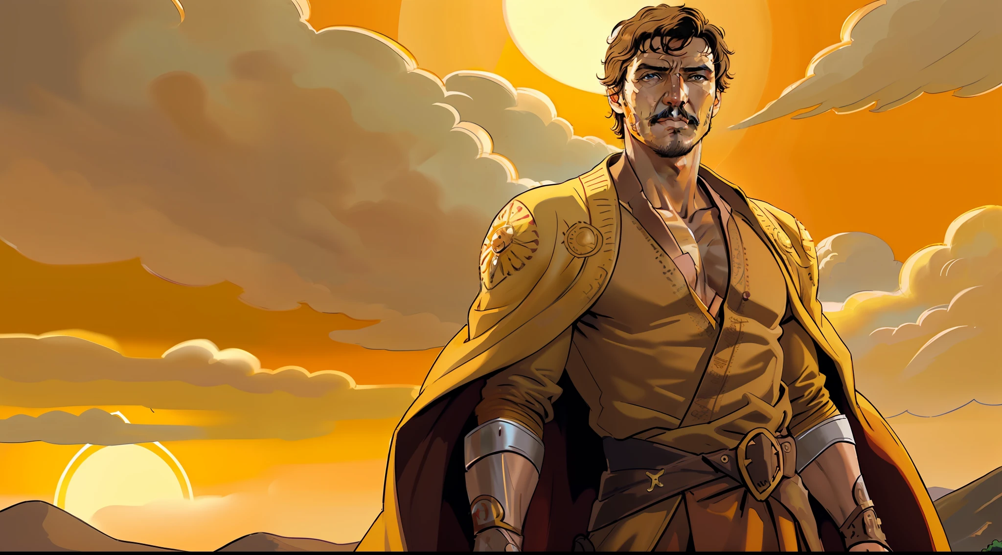 1boy,man (pedro pascal:1.15),playing Oberyn Martell,(brown eyes:1.35),(masterpiece:1.10),(best quality:1.10),(sketch,cel shading:1.10),(illustration:1.10),Game of Thrones matte painting background,official art,gold and yellow robes,golden hour,sunset,dynamic action pose