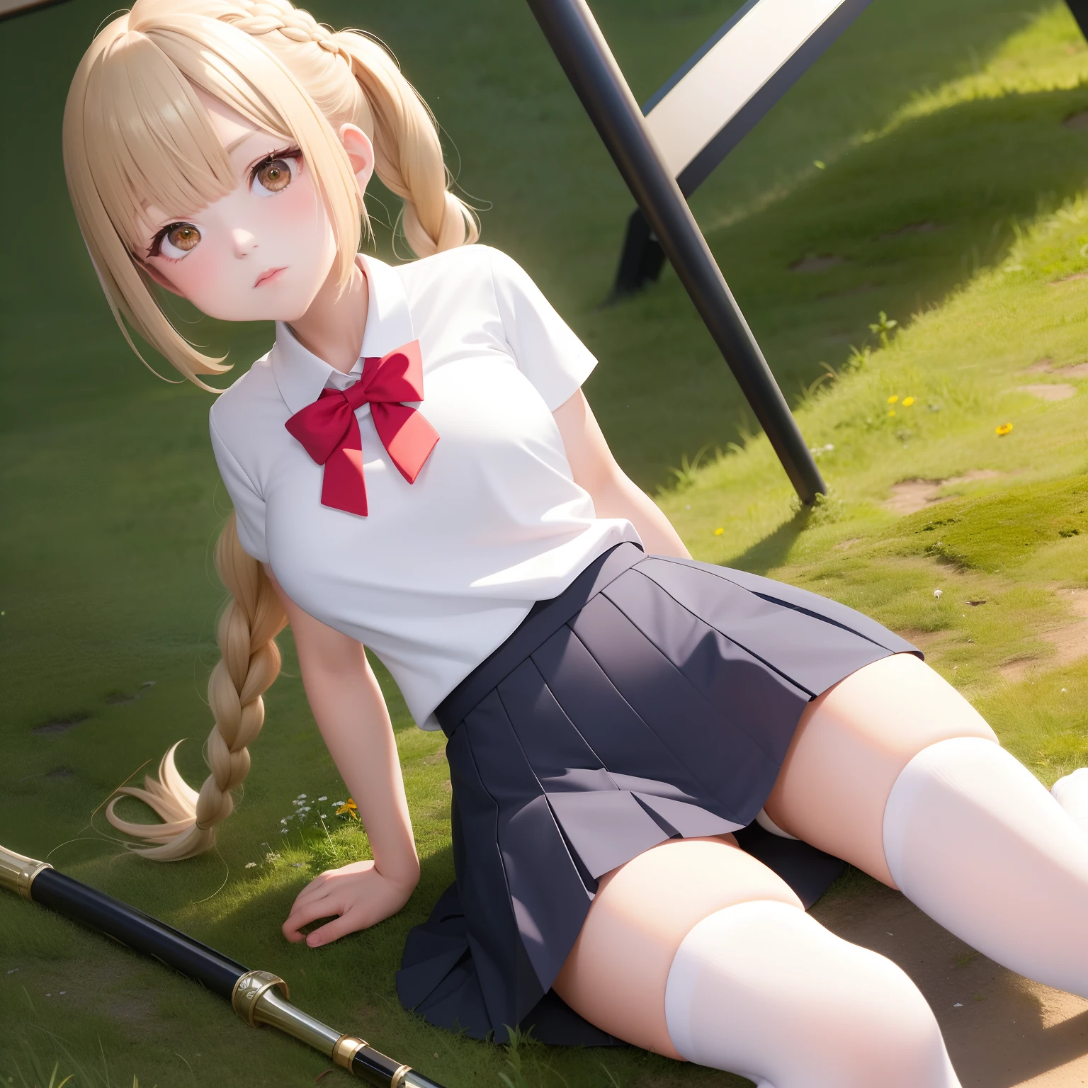 long leges,High precision,Works of masters,,whaite hair,SideBraid,Golden eyes,white mini-skirt,kisses,modern,Striped knee-length socks,Natural soft light,Dingdall effect,opening legs,Medium breast,Raised ,The is very large,tack sharp focus,The reveal panties