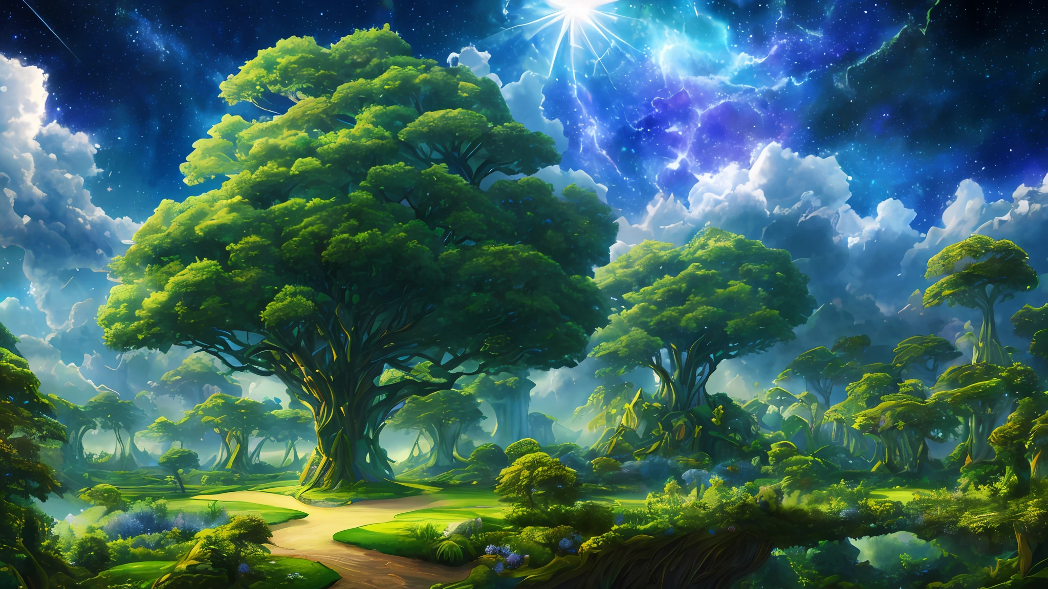 Illustration of a surreal, otherworldly, hyper sky scene including a giant crystal tree full body, highly detailed and magical lighting, intricate forest details, vegetation and surrounding river, solar punk, landscape, giant tree , beautiful green leaves, beautiful lighting and realistic proportions, as if this is a movie background, 8k, highest quality, masterpiece, clouds and stars in the sky.