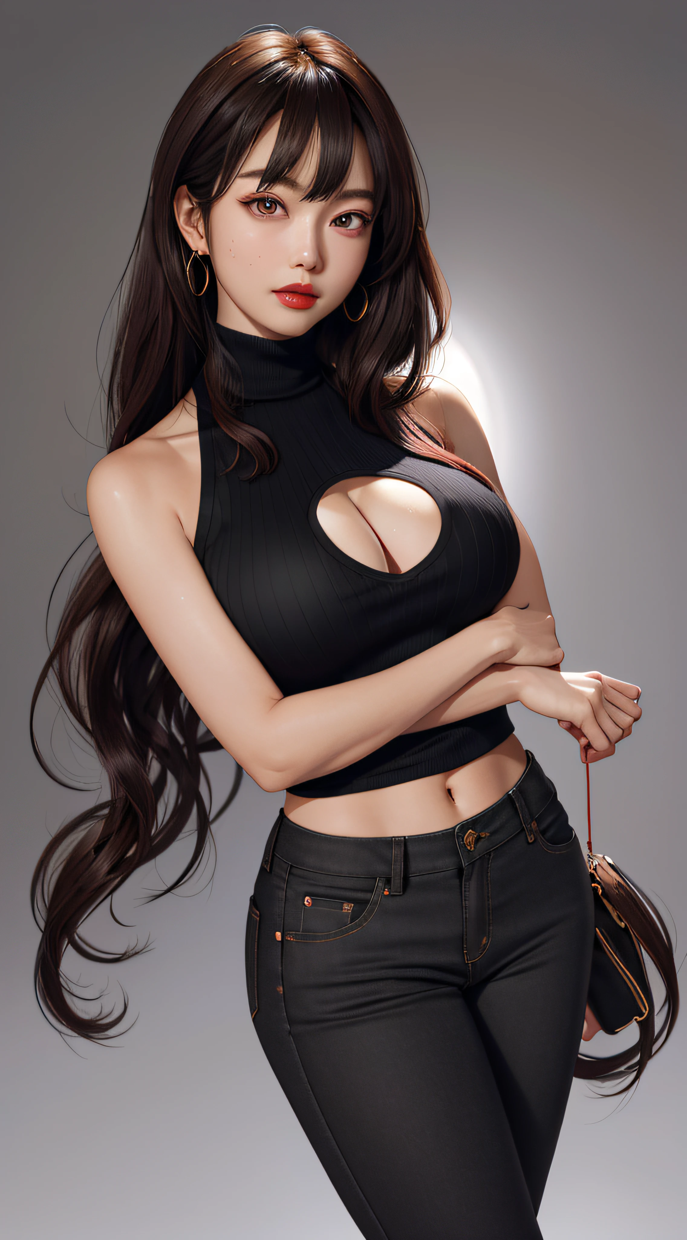 brunette color hair,Kizi, By bangs, exposed bare shoulders, Black pantsuit, nedium breasts, Breasts squeezed together, greybackground, hair between eye,, long whitr hair, View viewer, trouser, parted lip, red eyes, The shirt, simplebackground, 无袖, sleeveless shirts, 独奏, high-necksweater, V 臂, (Shiny skin),(tmasterpiece:1.4),(best qualtiy:1.4),,,Facigirl,Redlip,Perfect abs,nabel,(:1.5),(Clear areola), , immensity, sweat leggs, full bodyesbian