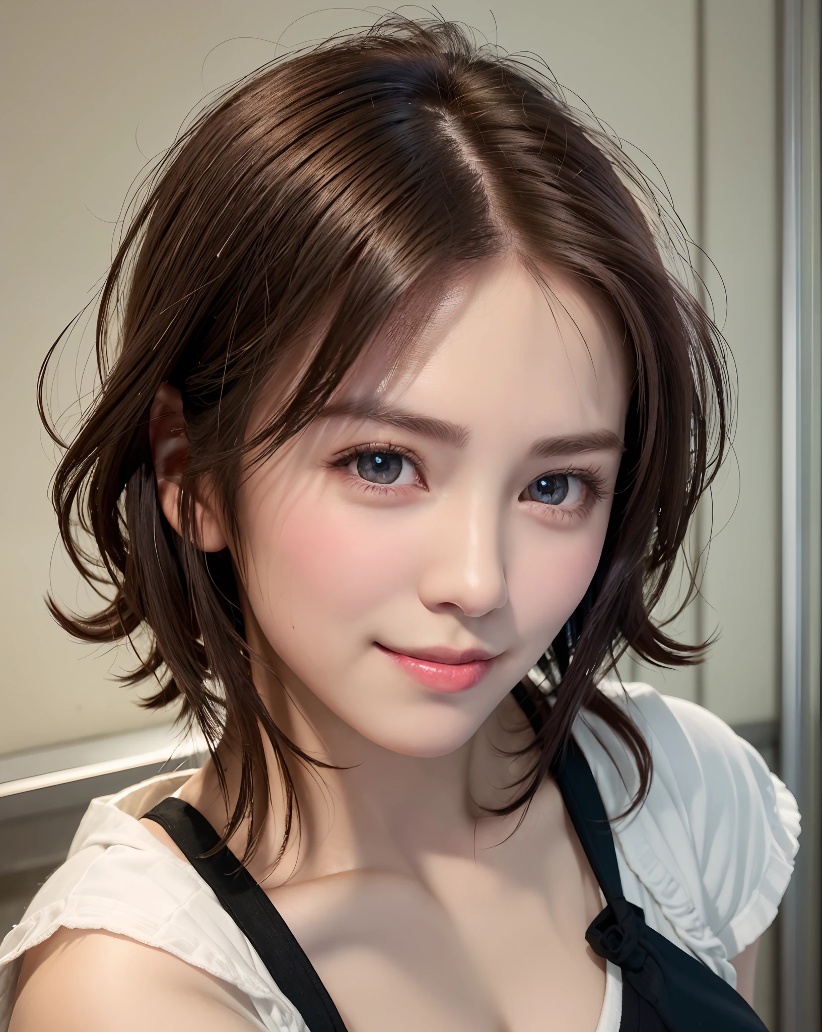 Best Quality, Ultra High Resolution, (Photorealistic: 1.4), Beautiful Eyes, Super Beautiful, Very Short Hair, Beautiful, Sweetheart, T-shirt with Rough Chest, Beautiful Soldier, Eyes That Invite Viewer, Lover's Perspective, Inviting Expression, Sexy Smile, Perfect Style, Perfect Balance, Detailed Skin, Naughty Gaze, Chest Visible