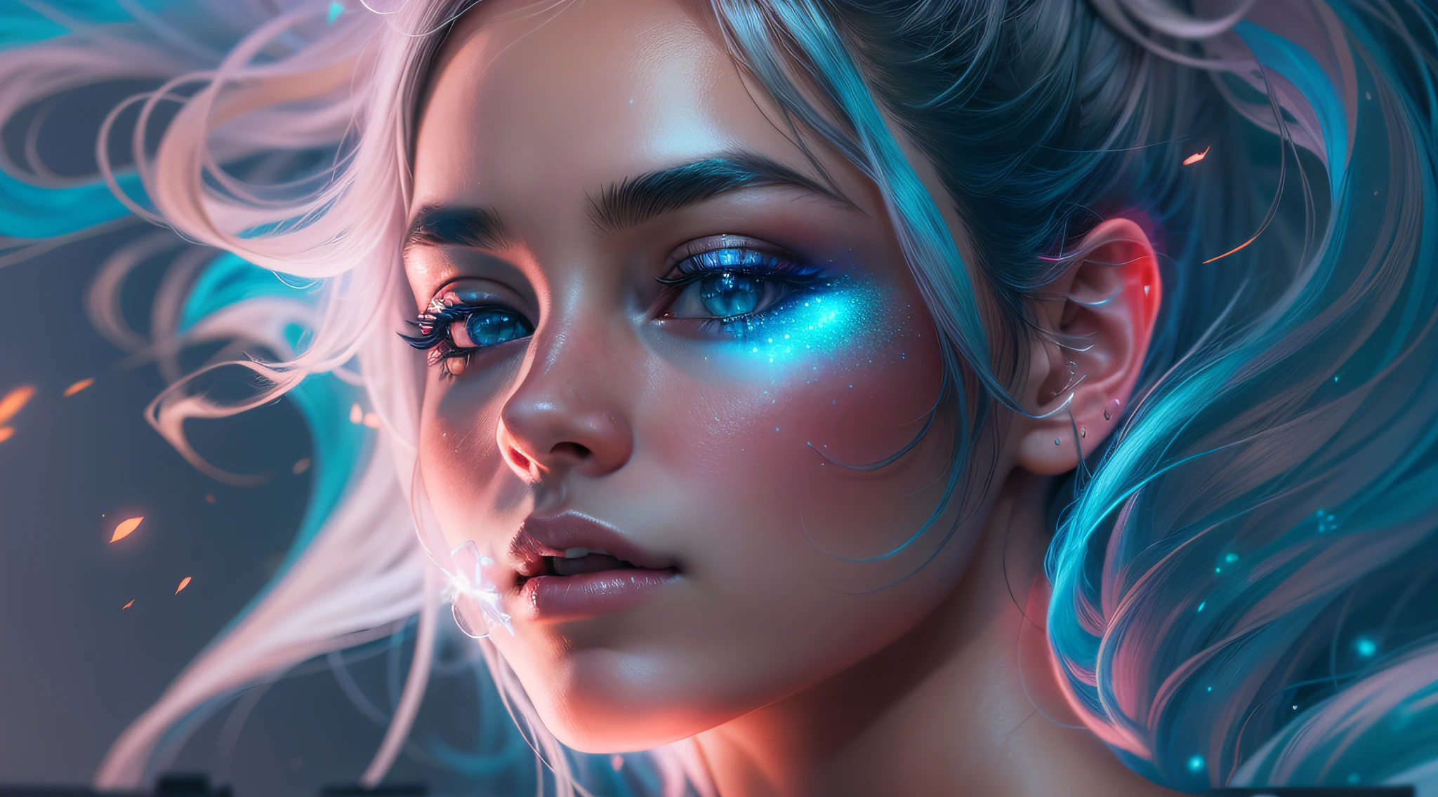 (1 girl),Superb beauty,Volley,独奏,Swiftstep,Phantom,Blue neon lights illuminate smoke,rendering by octane:1.5,Particle effect,misterious,glitters,Cinematic fill light,Colored pigments float in the air,best qualtiy,8K