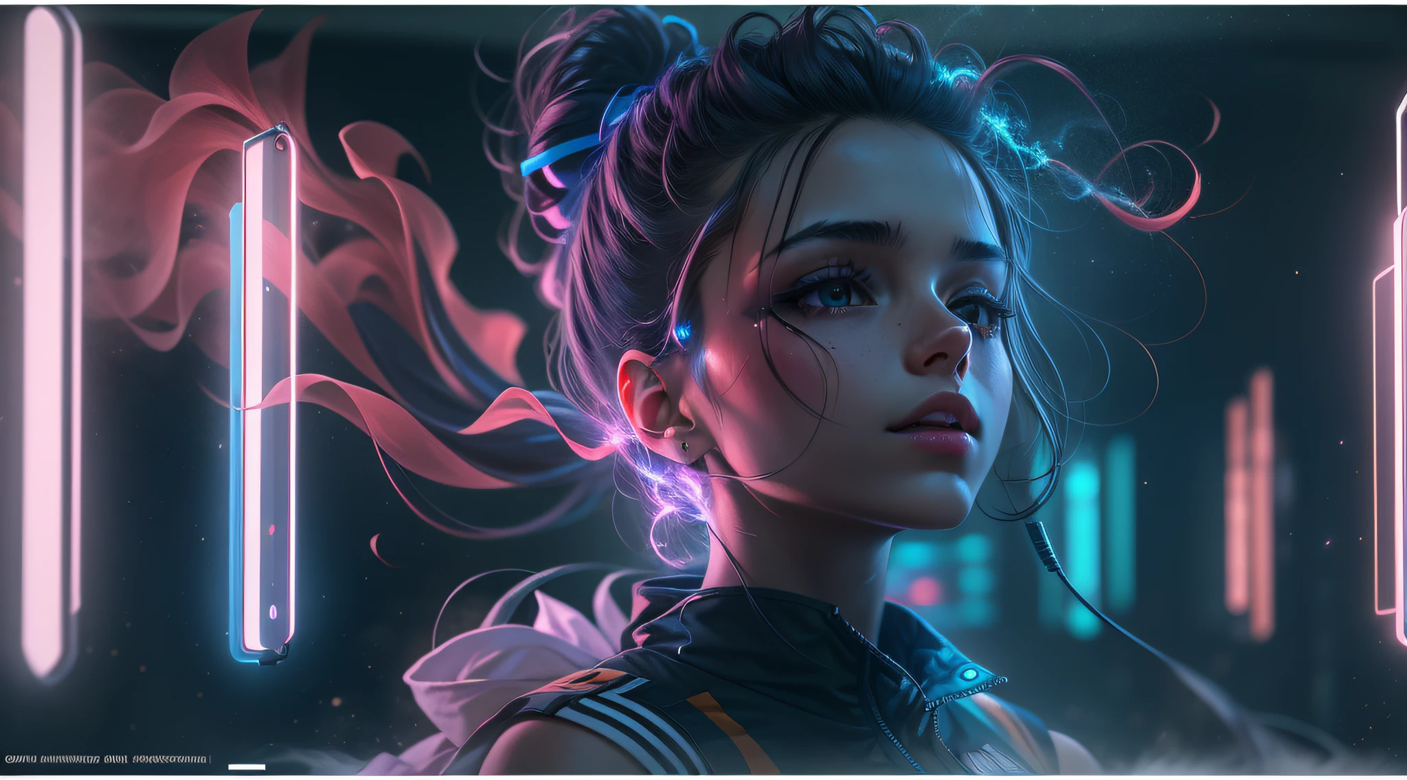 (1 girl),Superb beauty,Volley,独奏,Swiftstep,Phantom,Blue neon lights illuminate smoke,rendering by octane:1.5,Particle effect,misterious,glitters,Cinematic fill light,Colored pigments float in the air,best qualtiy,8K