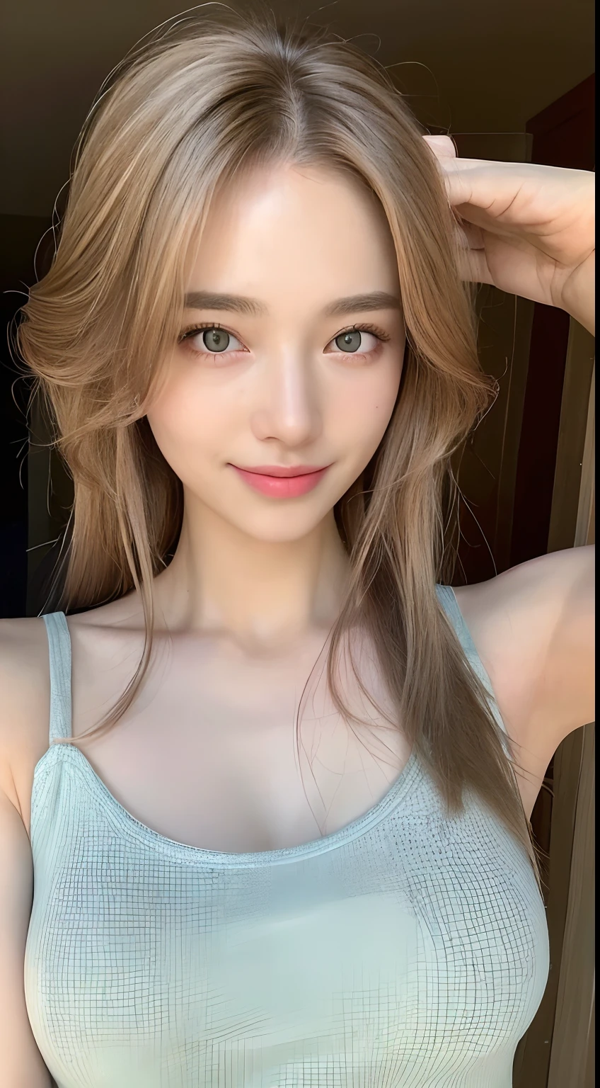 ((top-quality、8K、masterpiece:1.3))、1girl in、Slender Beauty:1.3、(Random Hair Styles:1.2)、Tank tops:1.2、Super Detailed Face、detailedeyes、二重まぶた、hairarmpits、a smile、huge tit、cleavage of the breast