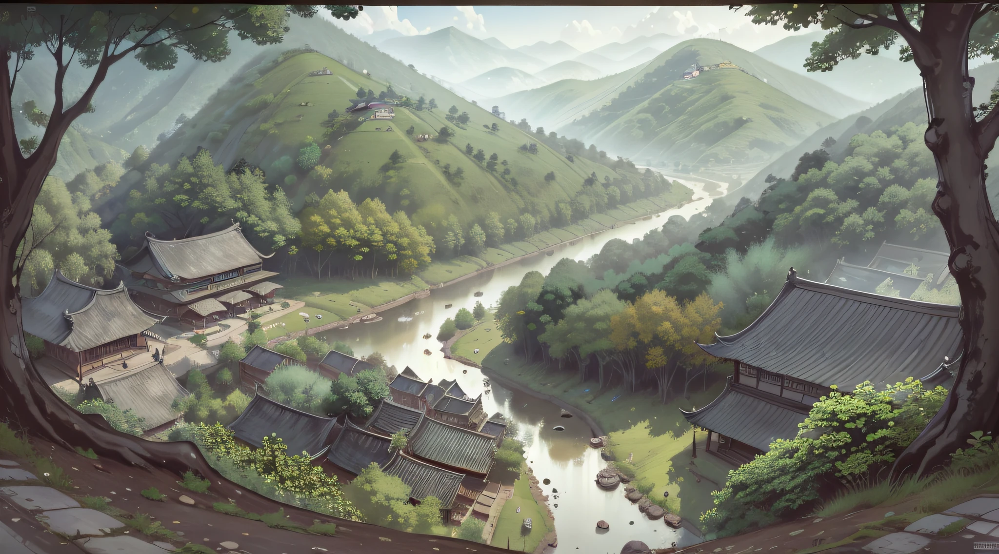 (Ultra wide-angle lens), (Best masterpiece), 8K, An ancient Chinese town nestled in mountains and hills, with lush trees, verdant leaves, murmuring streams. The visuals are exquisite and beautiful, brimming with sunshine.(white background:1 .5),white background,outside border