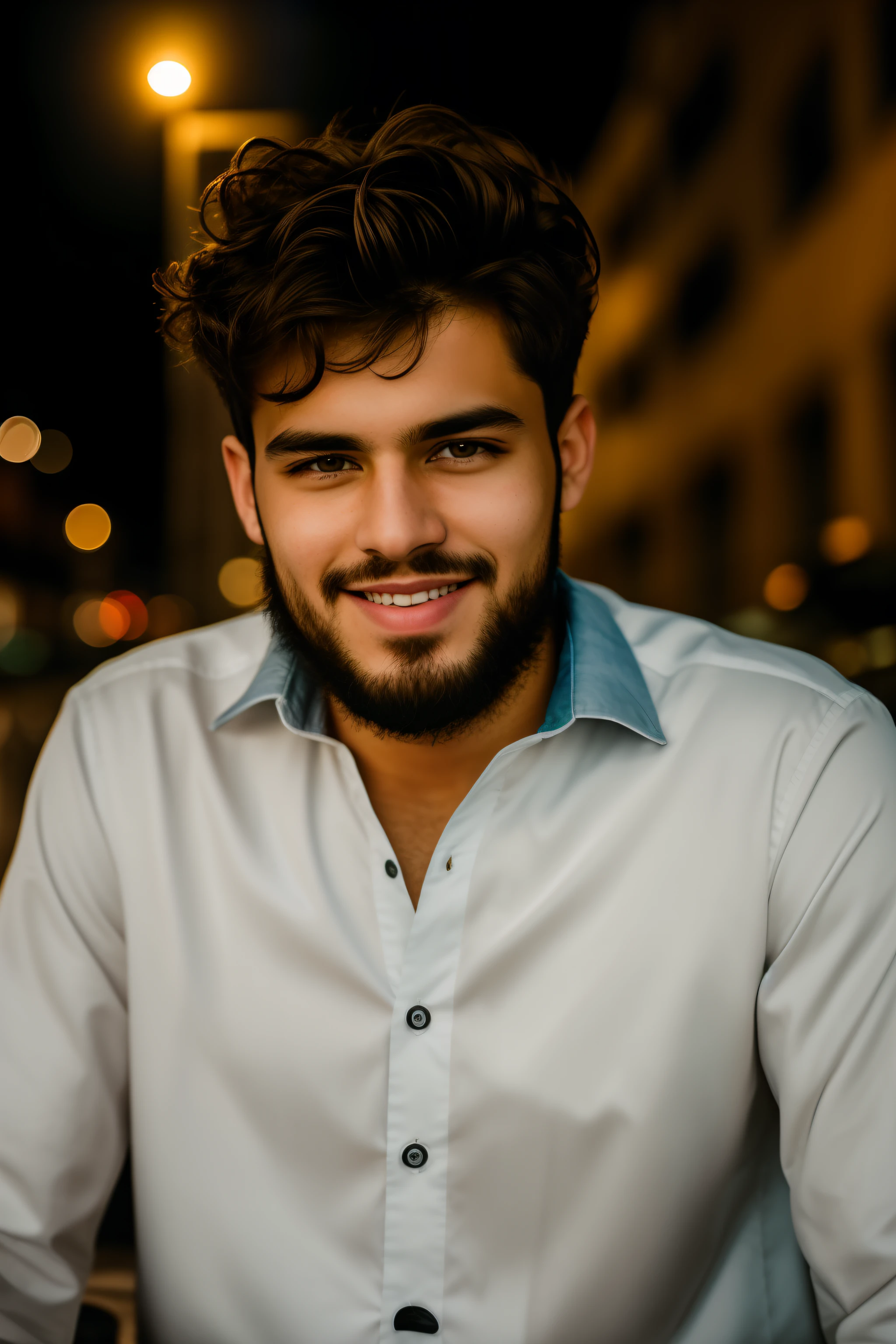 RAW photo, a portrait photo of 25 y.o man in casual clothes, night, city street, (high detailed skin:1.2), 8k uhd, dslr, soft lighting, high quality, film grain, Fujifilm XT3