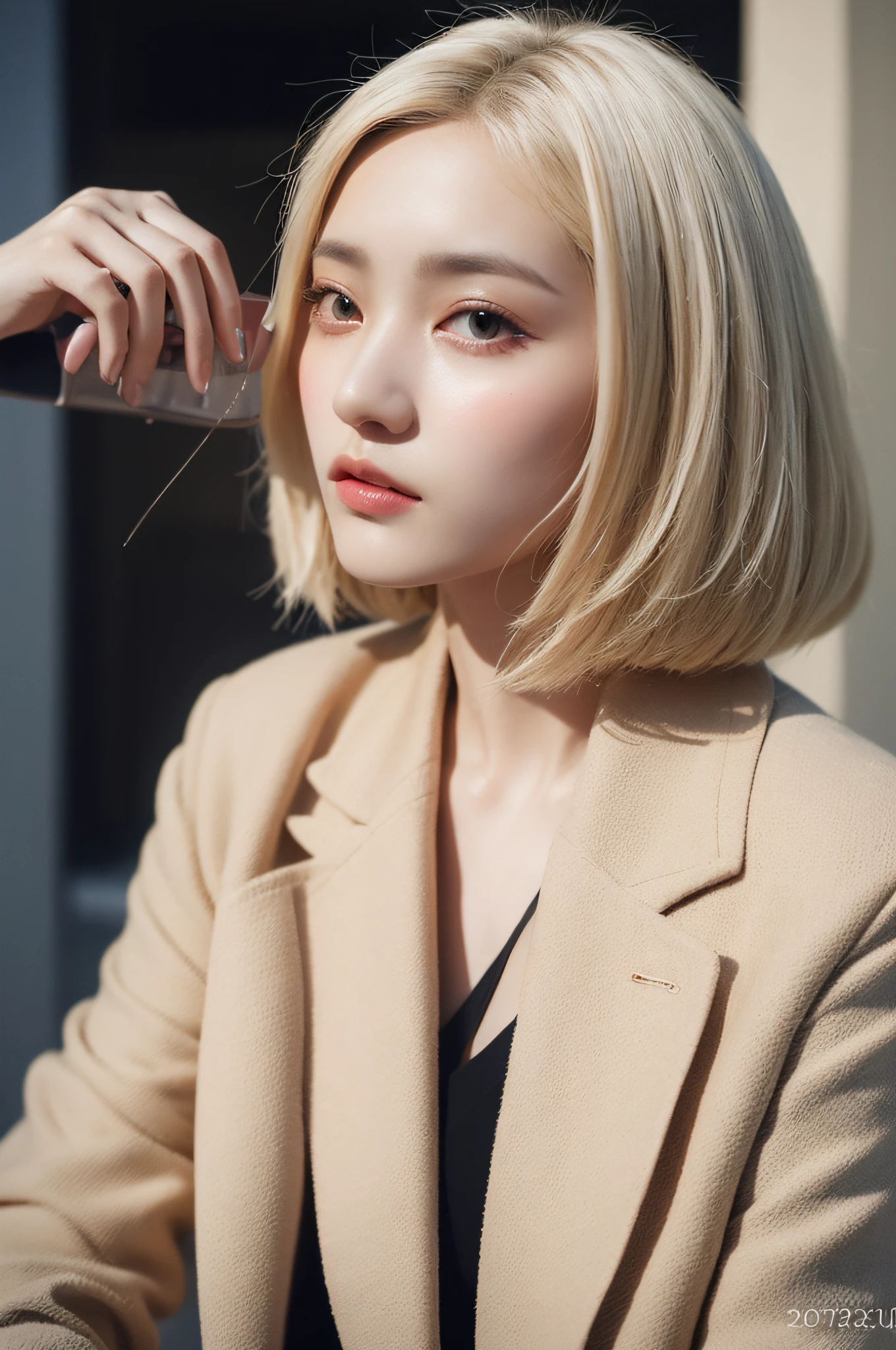 (photorealistic:1.8), close up portrait of a woman, Ash blonde hair, A-line haircut, Blazer, extremely detailed clothes, as a fashion model, on the city street, random people, model shot as for Instagram post