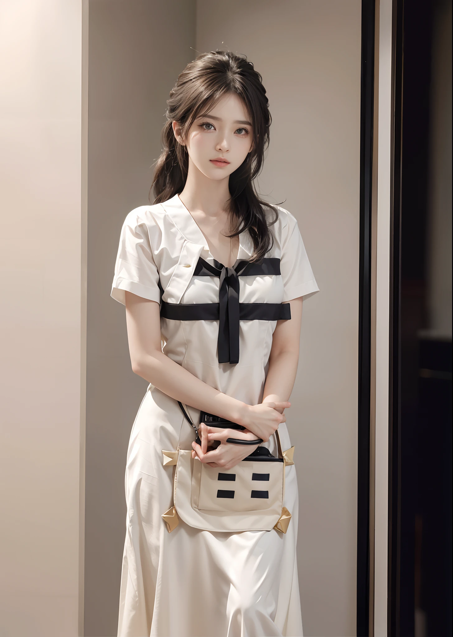 （8k，highest  quality，tmasterpiece：1.2），（hair_style），（realisticlying，Photorealsitic：1.37），plump eyes，highest  quality，tmasterpiece，standing in front of a white wall，[little breast]，profesional lighting，Photograph the subject's whole body from a distance，Shoot from a back angle，shot in natural light from morning to noon， Fashion styles for Japanese fashion trends in 2023， Realiy， super detailing，slim，The hairstyle is straight and straight，Delicate skin texture，Emphasis on luminescence，