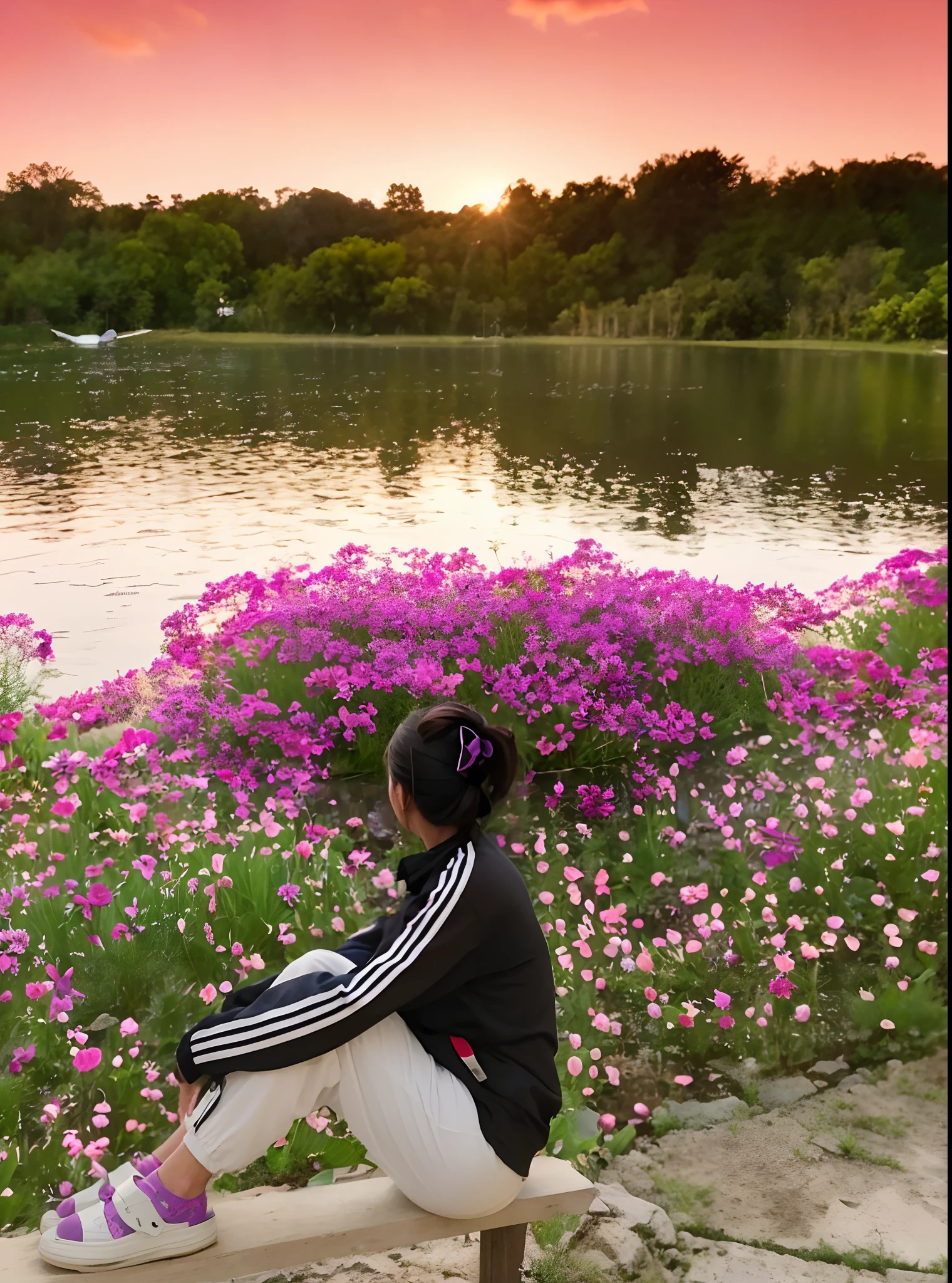 purple flowers in the foreground of a lake and a woman sitting on a bench, sitting with flowers, girl sitting in a flower field, in the evening, in a park and next to a lake, sitting at a pond, girl in a flower field, sitting in a field of flowers, early evening, spring evening, summer evening, flowers around, sitting on a lotus flower