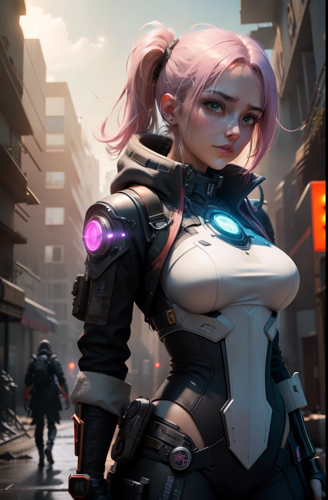 Beautiful cyberpunk woman with her pink mech in the ruins of the city of Forgotten War， Ancient Techniques， HDR（HighDynamicRange）， Ray traching， NVIDIA RTX， Hyper-Resolution， Unreal 5， sub surface scattering， PBR Texture， post-proces， Anisotropic filtering， depth of fields， Maximum clarity and sharpness， Many-Layer Textures， Albedo e mapas Speculares， Surface Coloring，Accurately simulate light-material interactions，perfectly proportions，rendering by octane，twotonelighting，Low ISO，White balance，trichotomy，Wide aperture，8K RAW，High-Efficiency Sub-Pixel，sub-pixel convolution，Luminous Particle，Light scattering，Tyndall effect