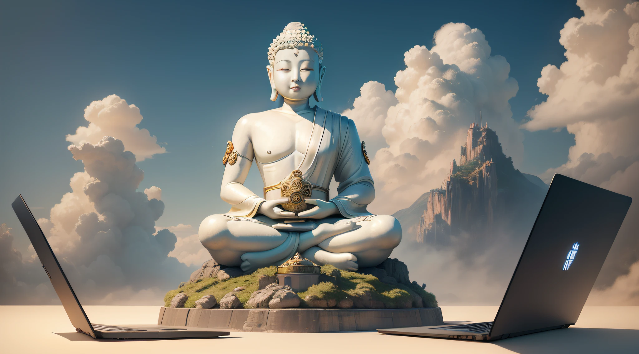 There is a Buddha statue sitting on a cloud，holding laptop, inspired by Liu Jun, inspired by Li Tiefu, ( ( The king of artificial intelligence art ) ), author：Li Tiefu, inspired by Lü Ji, inspired by Park Hua, inspired by Wu Bin, inspired by Luo Ping, inspired by Wang Fu, inspired by Liu Haisu