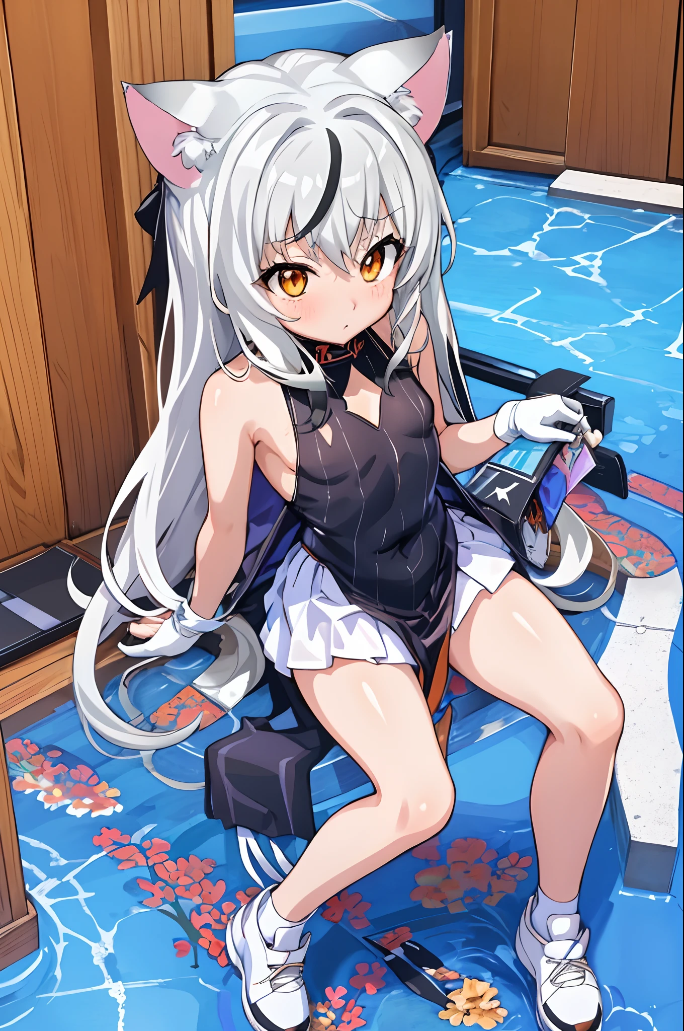 masterpiece, best quality, ultra-detailed, 1girl, gym storeroom, Koneko Toujou (DXD), 1girl, white cat ears, (classic uniform), white cat tail, school hallway, red skirt, small breasts, black ribbon, upper body, outdoors, black dress, orange eyes