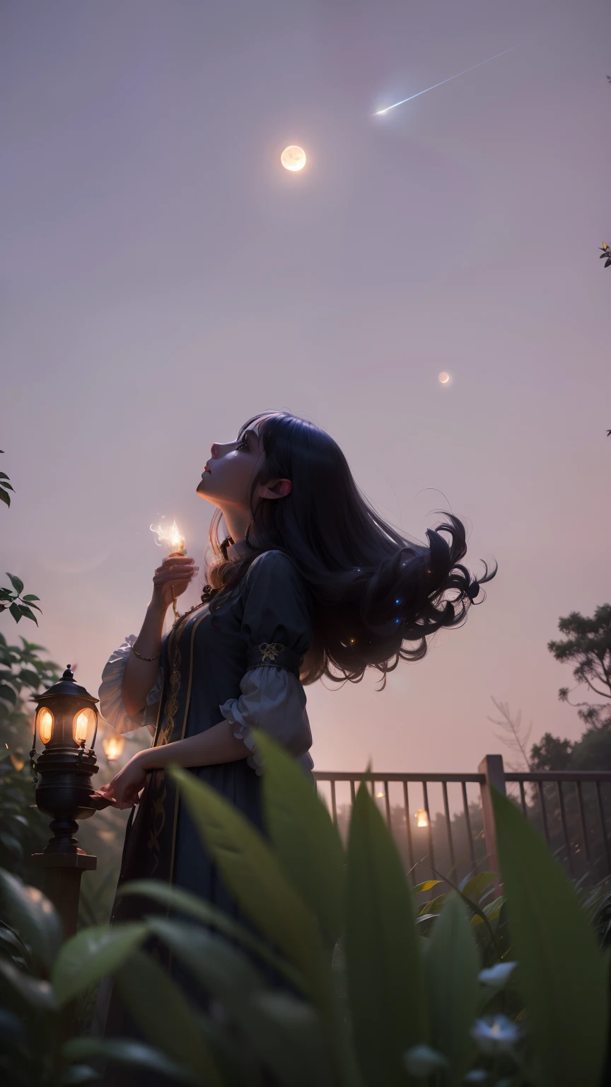 Dence light coming from hair, fireflies , full moon, she has magical powers, 8k,magical lantern in her hand