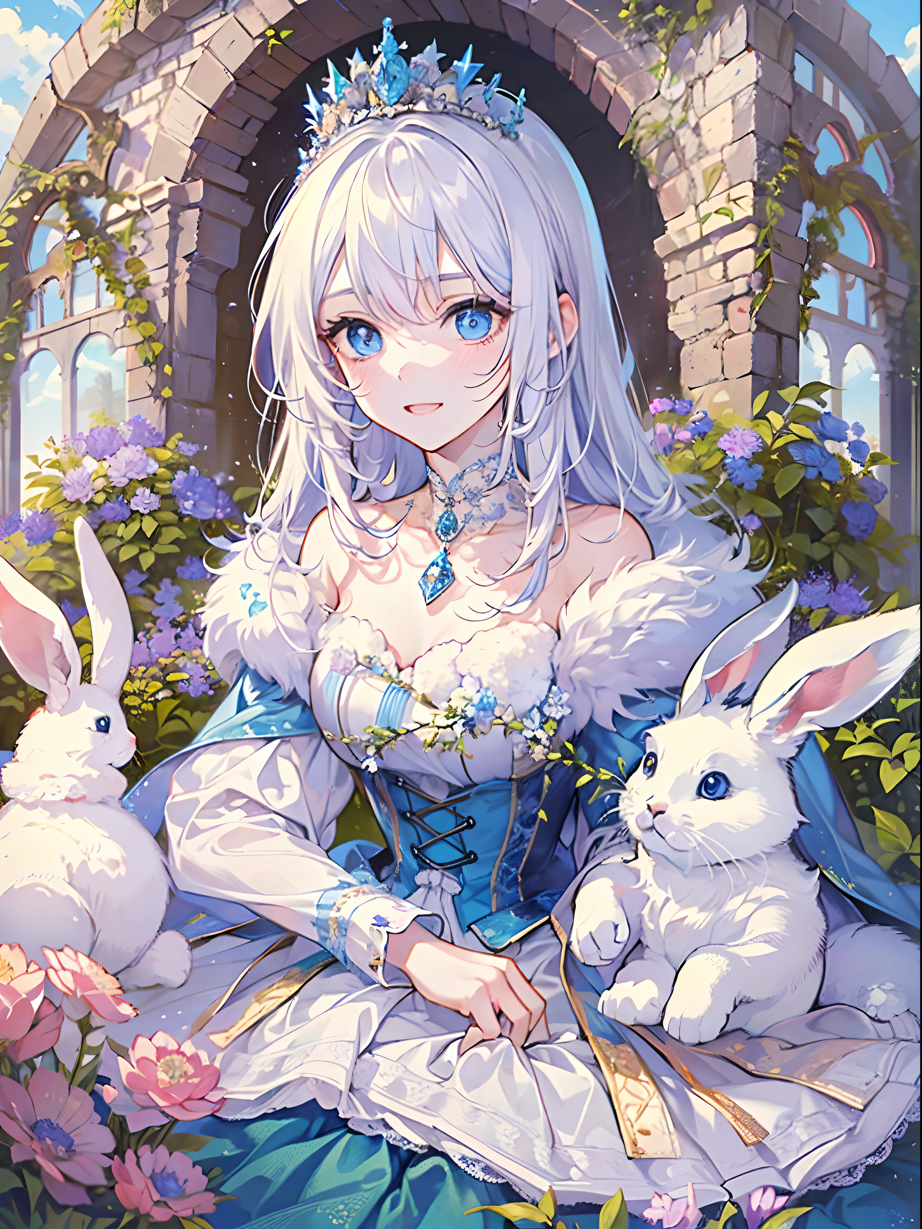 (Best Quality, Masterpiece, High Resolution), 1female, (white medium hair, have pony, wearing medieval blue dress, 20 years old, blue eyes, wearing tiara, crown princess), 1animal, bunny laying on princess lap (A bunny, white fluffy fur, wearing tiara with blue stone, blue eyes, 2 ears, happy little bunny), stunning, cute, heartwarming smile, beautiful aster flower garden, gazebo, castle, mesmerizing sunlight, good proportion, detailed face, detailed accessories, symmetry, good ratio little rabbit, novel cover, close up