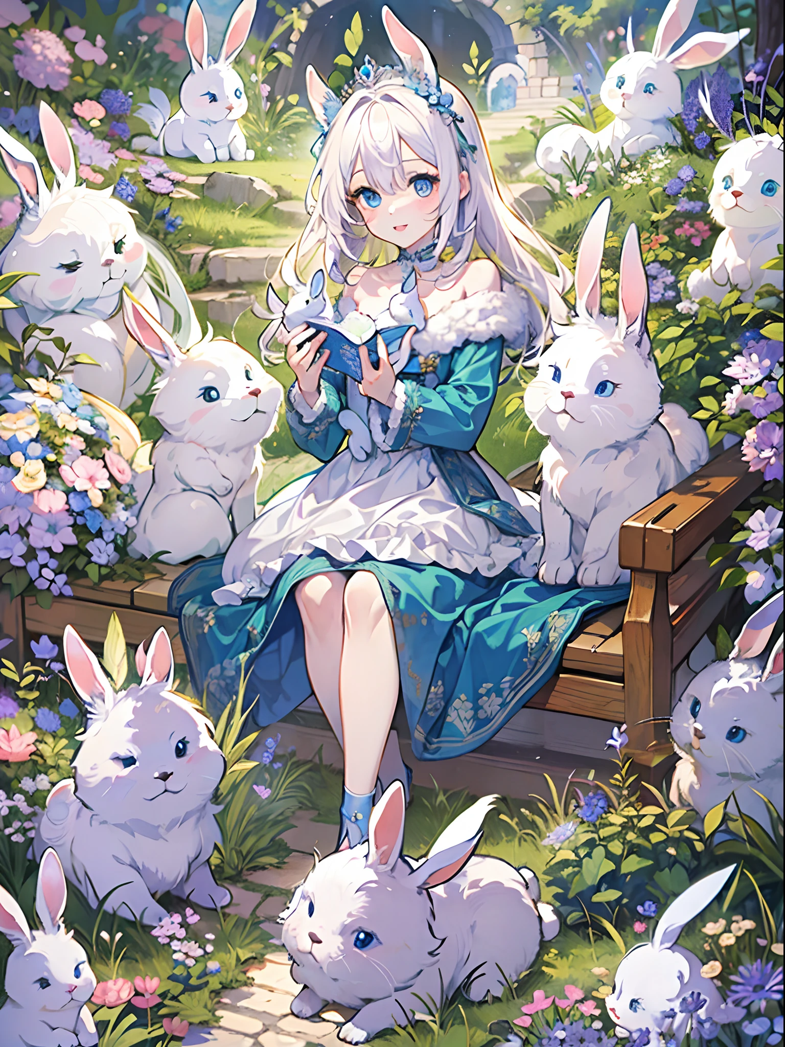 (Best Quality, Masterpiece, High Resolution), 1female, (white medium hair, have pony, wearing medieval blue dress, 20 years old, blue eyes, wearing tiara, crown princess), 1animal, bunny laying on princess lap (A bunny, white fluffy fur, wearing tiara with blue stone, blue eyes, 2 ears, happy little bunny), stunning, cute, heartwarming smile, beautiful aster flower garden, gazebo, castle, mesmerizing sunlight, good proportion, detailed face, detailed accessories, symmetry, good ratio little rabbit, novel cover, close up