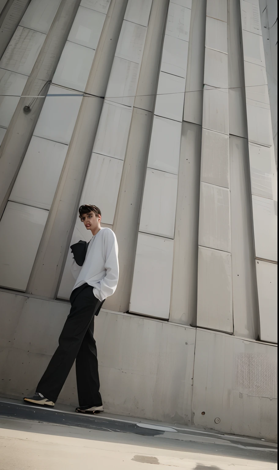 there is a man that is walking down the street with a skateboard, casual photography, with a cool pose, standing on rooftop, cinematic outfit photo, low angle!!!!, full body photogenic shot, arhitectural shot, low angle photo, cool pose, stylish pose, modeling shoot, by Jan Rustem, mid shot portrait, !! low contrast!!