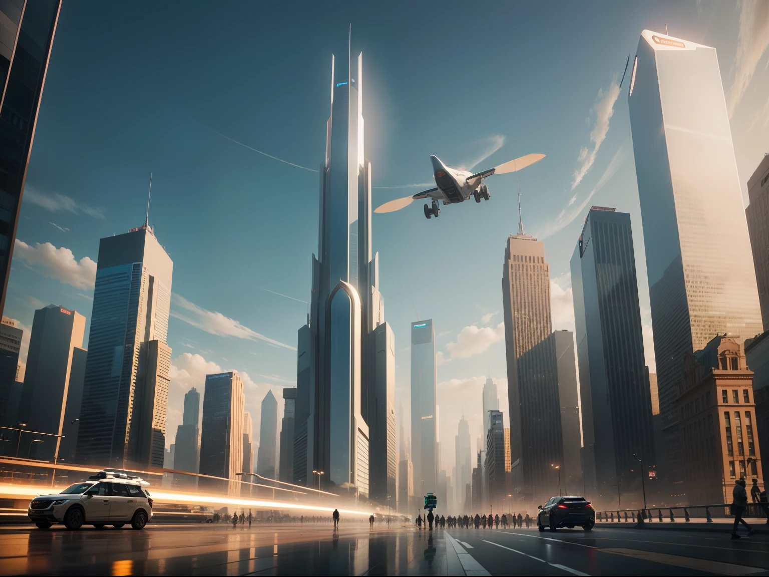 high - tech,The age of intelligence,A bustling city,with people coming and going,Multiple flying cars