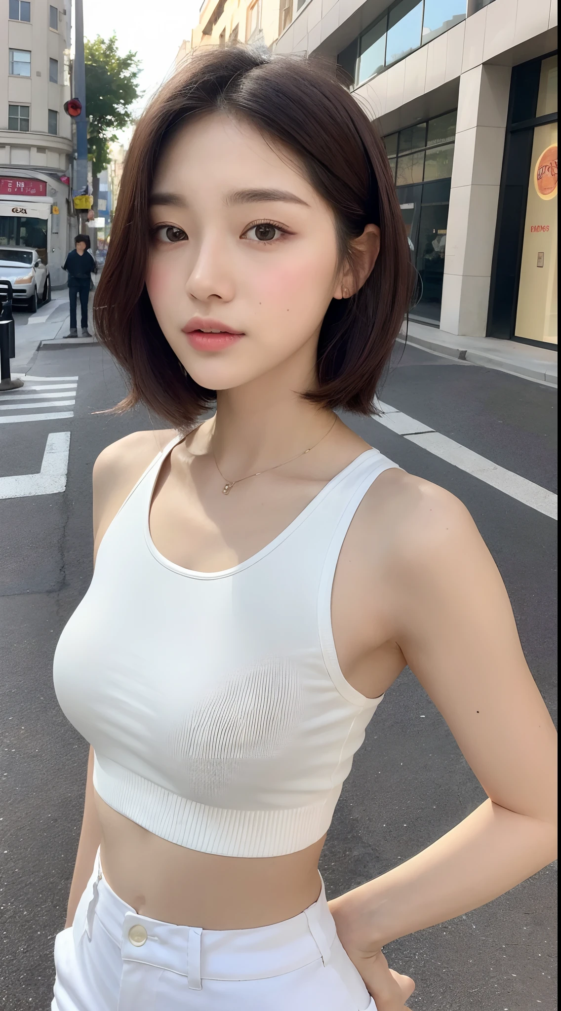 ((best qualtiy,8K,tmasterpiece:1.3)),(Flower Cap:1.3),Perfect beauty:1.4,glute:1.2,(Layered Hair Style:1.2)),(the street:1.3),Highly Detailed Face and Skin Textur,full bodyesbian,Elaborate Eyes,二重まぶた,Whitens the skin,Short wave hair,Cute Korean beauty(with a round face:1.5),(Loose top,shorter pants:1.6)