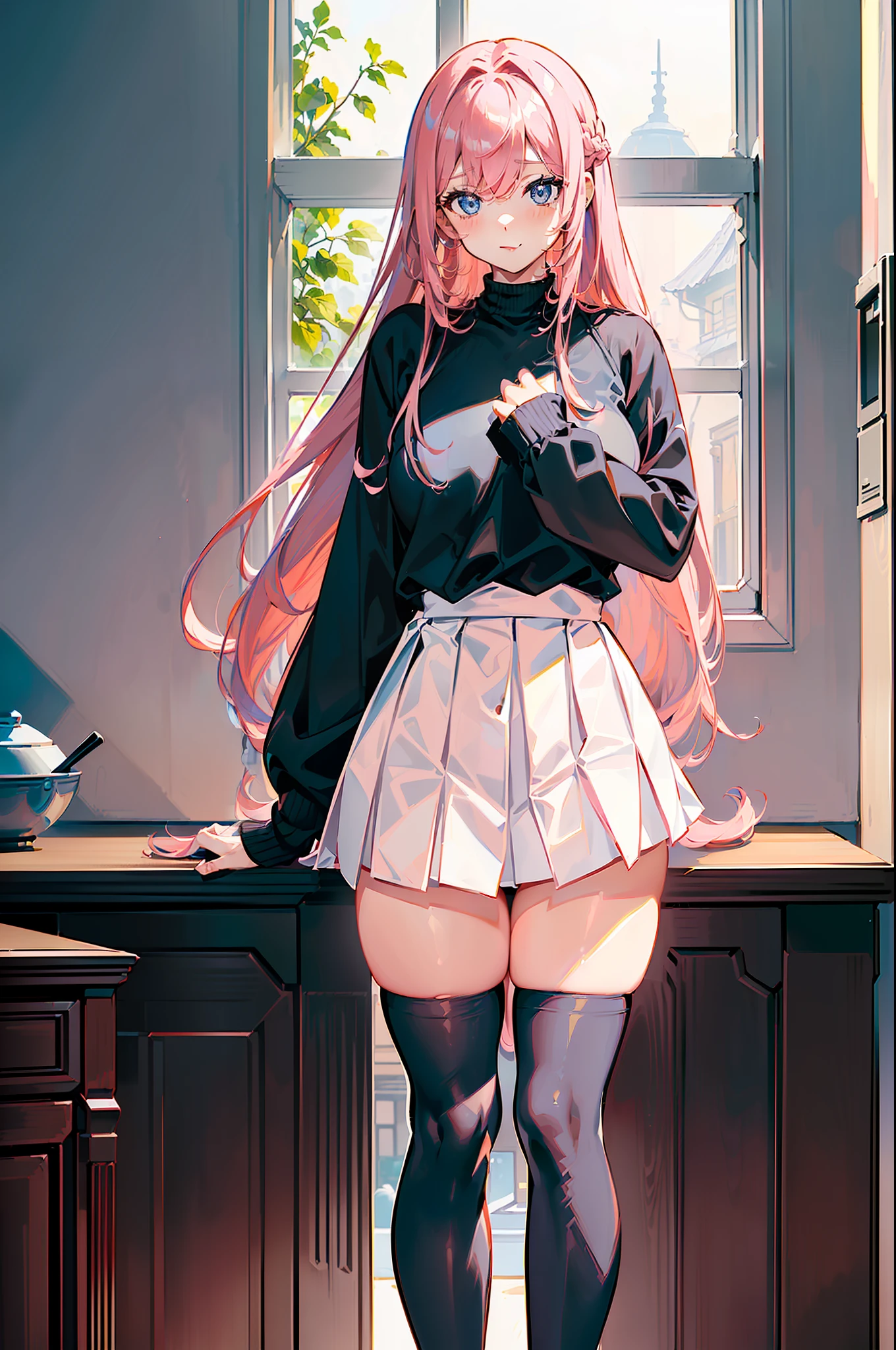 (1woman), (beautiful affectionate girl), masterpiece, beautiful, Pixiv, top quality, (((long pink hair))), Korean bangs, (((cowlick))), head to thigh shot view, close POV, (((blue eyes))), ((black V-neck sweater)), (((pleated white skirt))), (((black stockings))), (standing firmly), (warm smile), (immense blushing), (kitchen background), ((hand on hips))