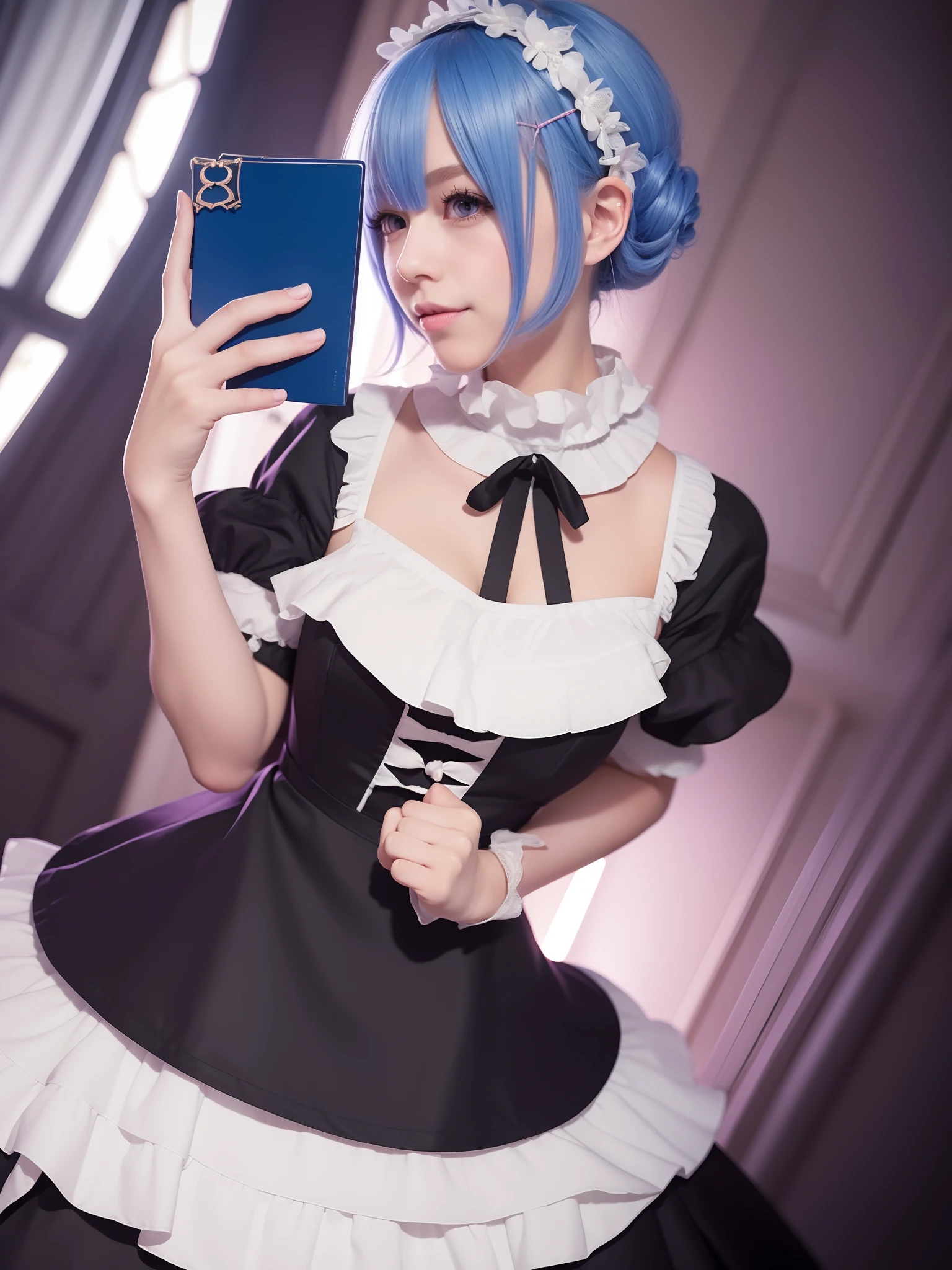 Woman in black maid outfit ga, A smile, Castle Room, rem rezero, **** in dress, 8K!!, anime key visual of elegant, 8K!, Lori, official artwork, sayori, my dress up darling anime, short blue haired woman, Official art, anime moe art style, !8K!, 4K!