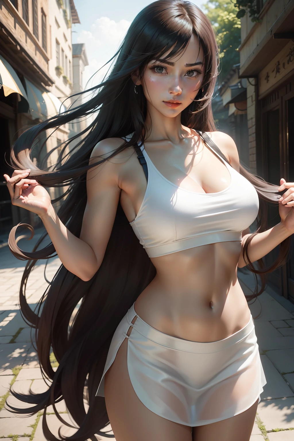 ff Tifa,Long hair spread out,Straighten your hair with both hands,and the sun was shining brightly,Live-action texture,Realistic painting style,Ambiguous action,Aristocratic temperament,电影灯光,8K quality,The characters are delicate