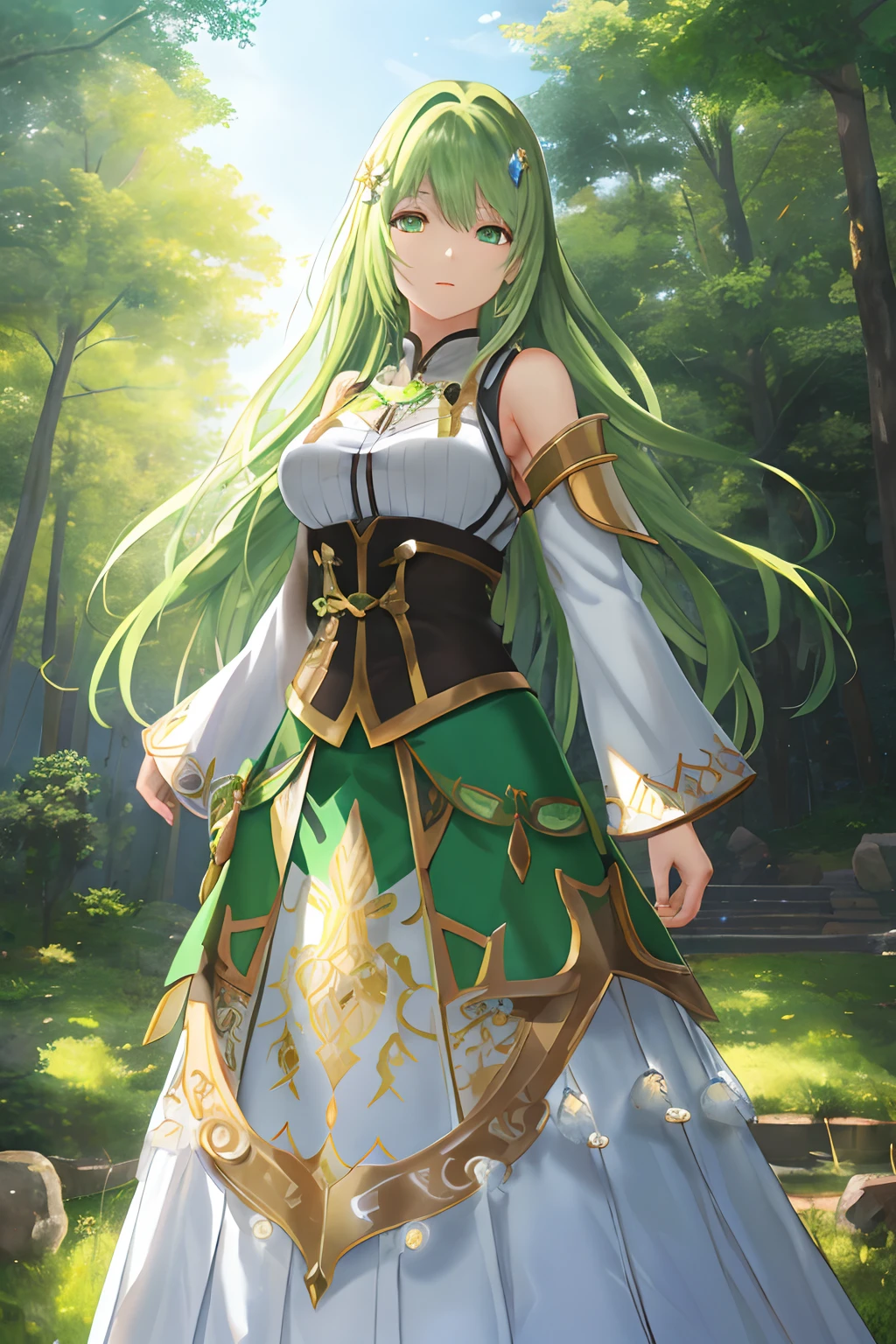 (masutepiece, Best Quality, Ultra-detailed, Best Shadow, Volumetric lighting), (beautifull detailed face, Beautiful detailed eyes), (Best Illumination), Martel Yggdrasil, Tales of Symphonia, Green hair, Very long hair, Straight hair, Green eyes, Detailed eyes, medium breasts, Long skirt, Venus, Fantasy, Full body shot, Full body, MKSKS style, Professional Lightning, plein air, forest,