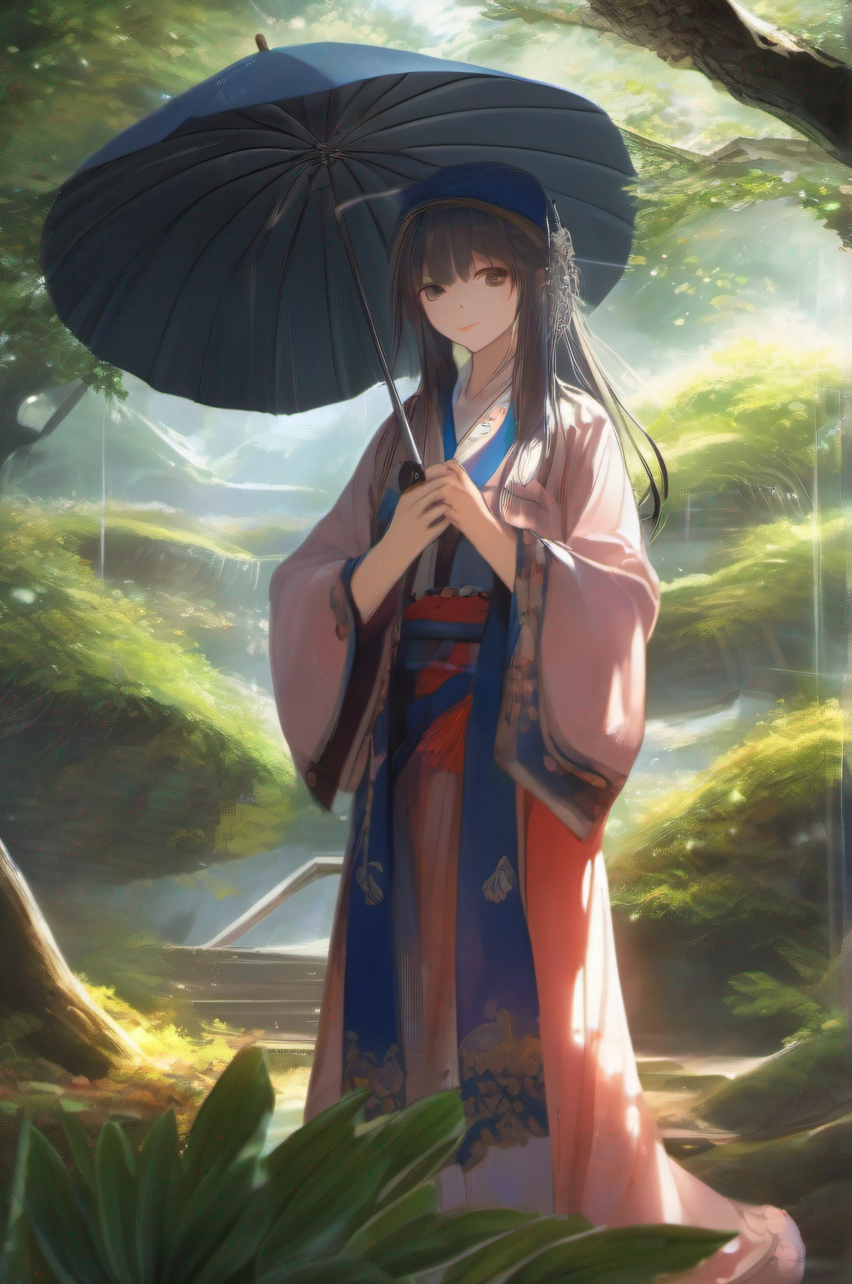 Ancient Style Girl,An umbrella,the trees,facing at camera,k hd,Highly meticulous,Pubic area is clear,The face is cold