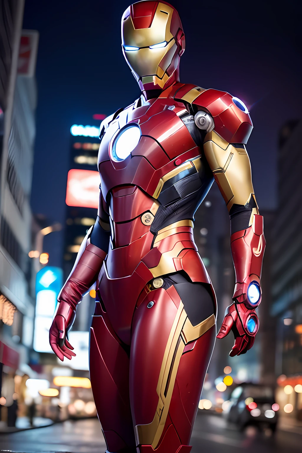 8k、Real and attractive、Very detailed 20-year-old girl、Sexy and attractive woman inspired by Iron Man wearing shiny Iron Man mecha。She is dressed sexy and confident、Fully interprets Iron Man's strength and charisma。In the night scene of the cyberpunk-style city、Sexy and attractive woman themed Iron Man cosplay。She wore a shiny Iron Man mech.、Standing on a street lined with skyscrapers。The night lights in the city are bright、Mirroring her mecha、Feel the technology of the future。The surrounding buildings and streets are、neon light、high-tech devices、Futuristic architectural design, etc.、It is full of cyberpunk elements。The whole scene is full of futuristic and sci-fi atmosphere。This high resolution、High-quality images are、It's the perfect combination of sexy, futuristic and sci-fi elements、Brings stunning visual enjoyment。OC Rendering、dramatic lighting、award-winning quality、Make the background a mountain