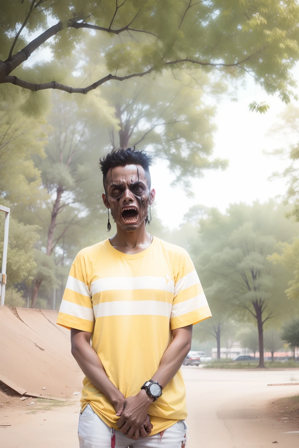"Transform the background of my picture into a horrifying scene."
