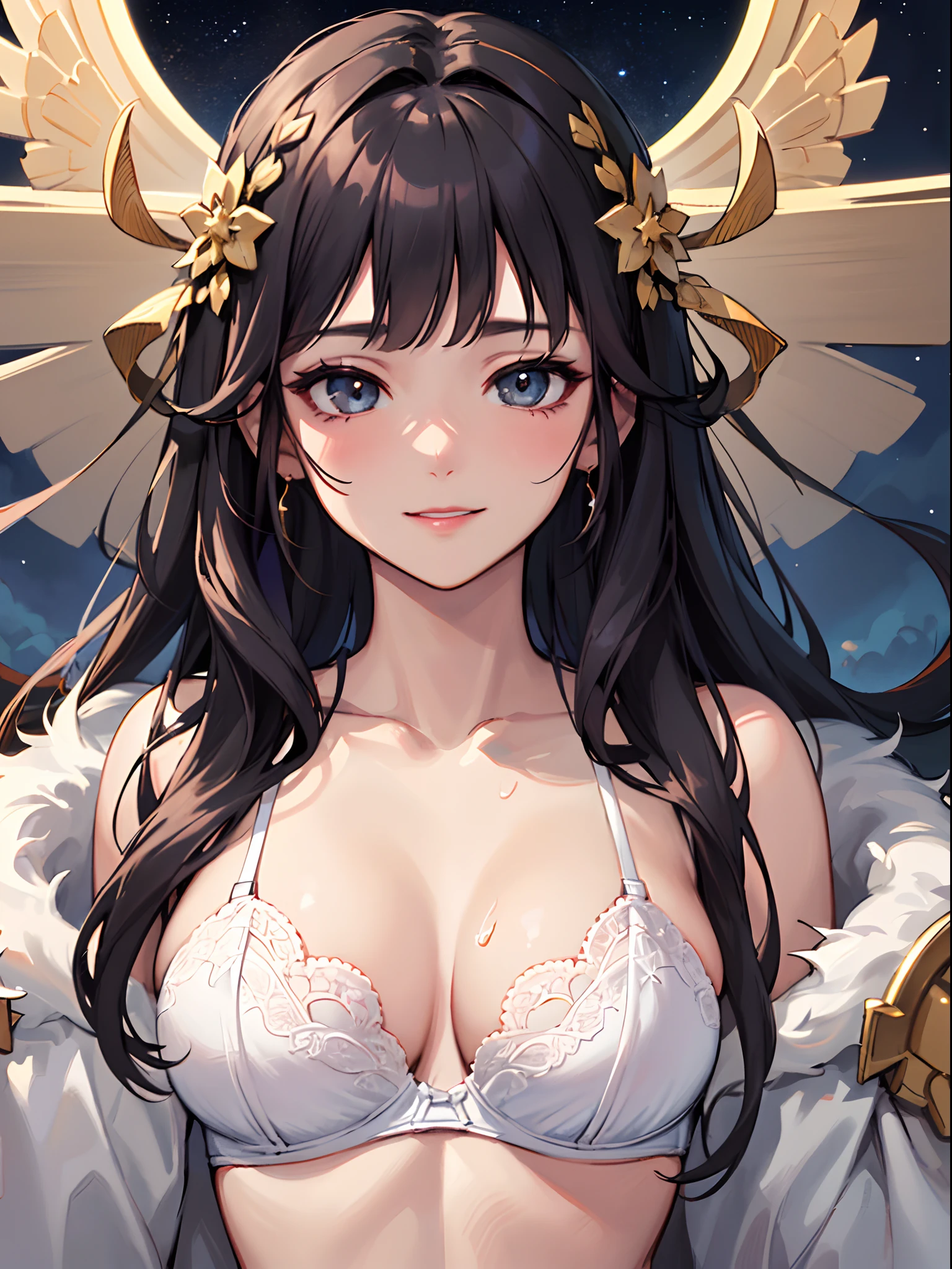 (masterpiece, 4k, best quality, highly detailed, 1 mature female), black hair, colored eyelashes, very long hair, upper body, portrait, ((goddess of the sky)) incarnation of the starry sky, background is the star, (mother, wife), smile, mature woman, has many children, milf, (medium breasts), sweat, (white bra,silk bra), queen style, perfect flesh full of texture, upset, charming visual enjoyment, ((best quality)), (masterpiece), ((masterpiece)), illustrations, (super detailed face), (perfect face), sharp textures, ultra HD detail display, excellent image performance, high quality illustrations, perfect fit harmonious tones, deep lines, precise brush strokes, intricate details landscape