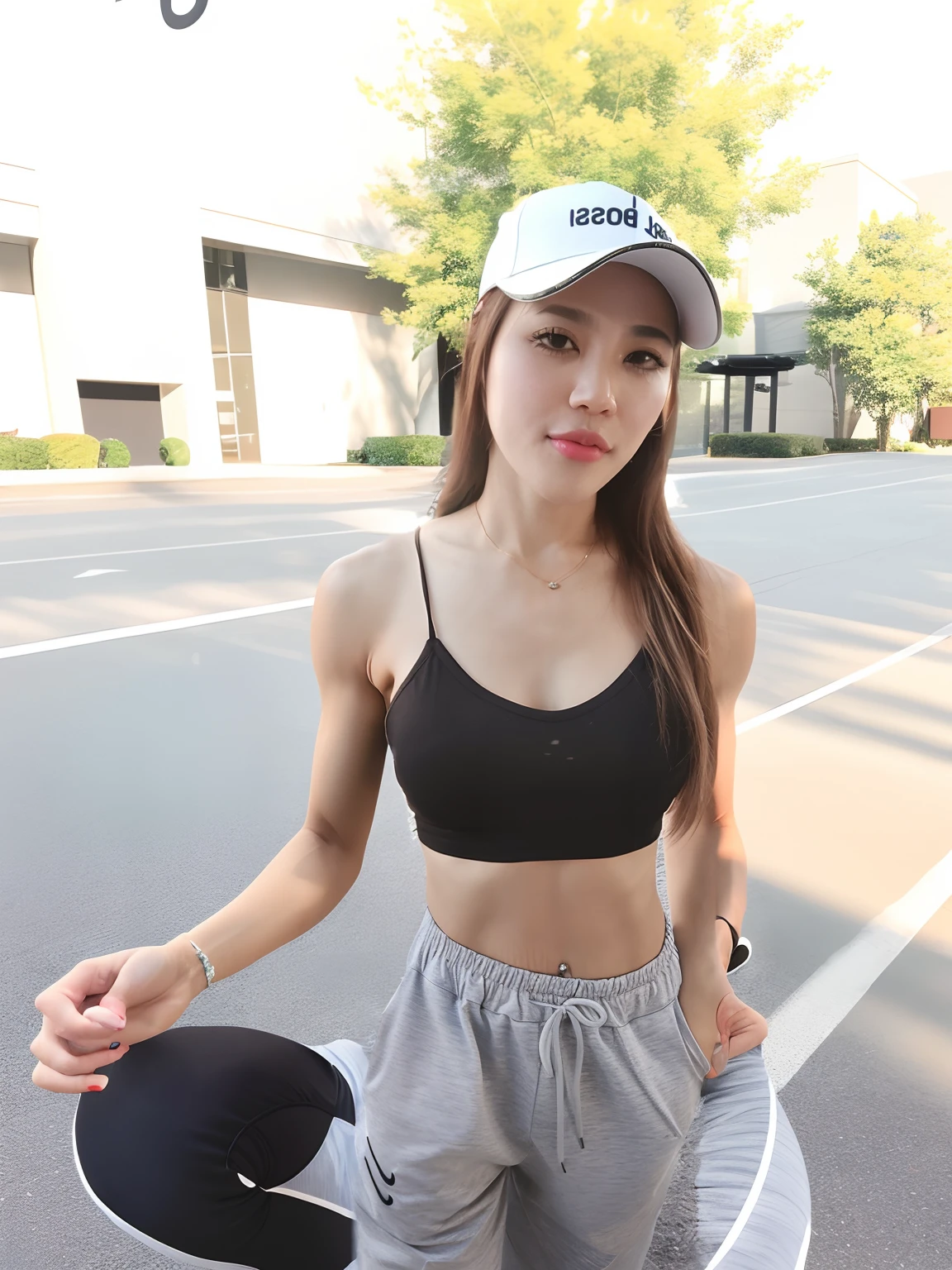 Asian women arafed in black sports bra and gray sweatpants, Good Sports, sports bra, Sports bras and shirts, Training Underwear, Sports bras and shorts, photo of slim girl model, She was wearing a black tank top., Wear a cropped black tank top., 2 4 year old female model, Pictures of Slim Girl, wearing crop shirt , In the gym, exercise, Muscle Neek, Exercise Machine, Clear photos, lifelike, 8k,